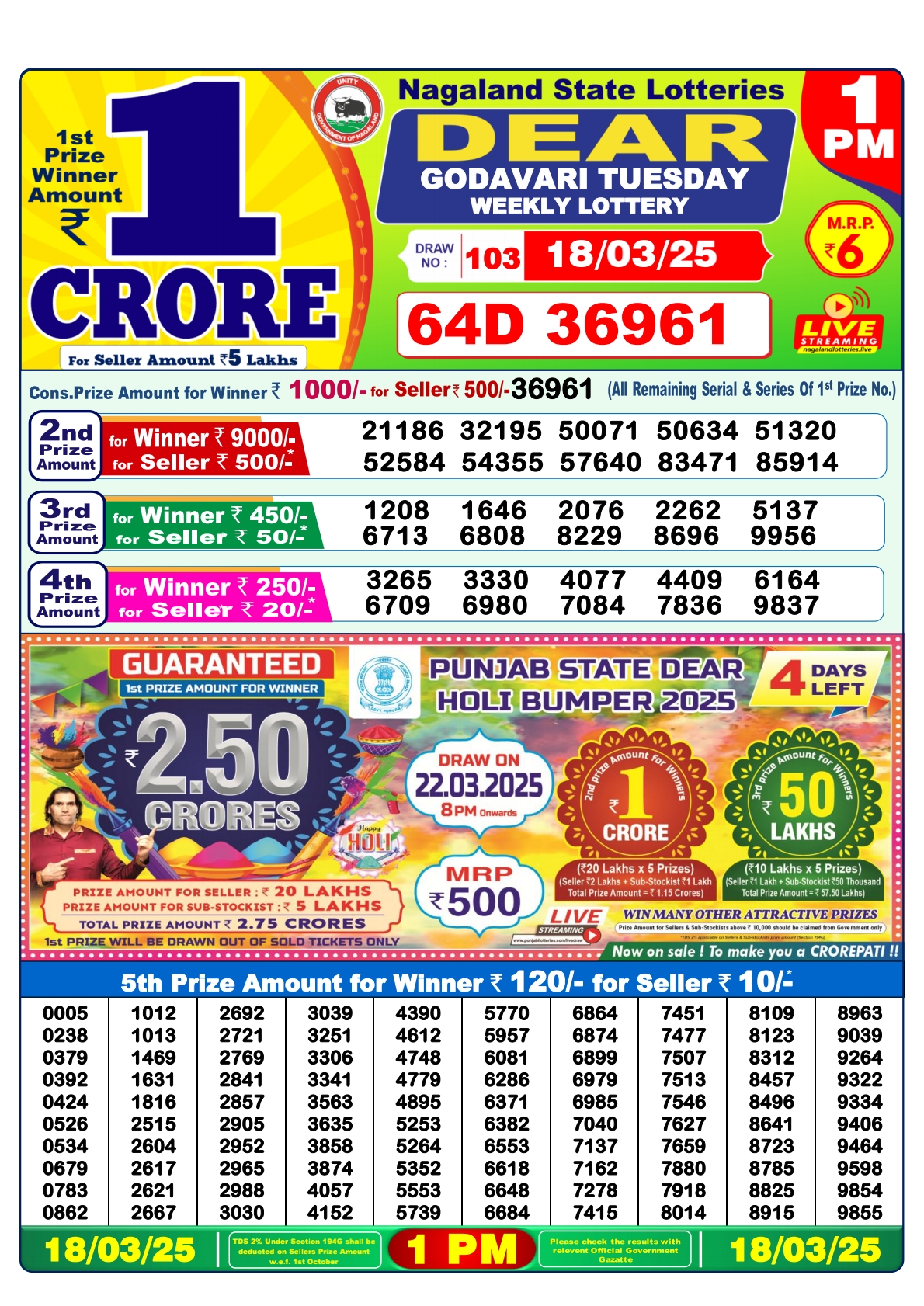 Lottery Sambad 1 PM Today 18/03/2025