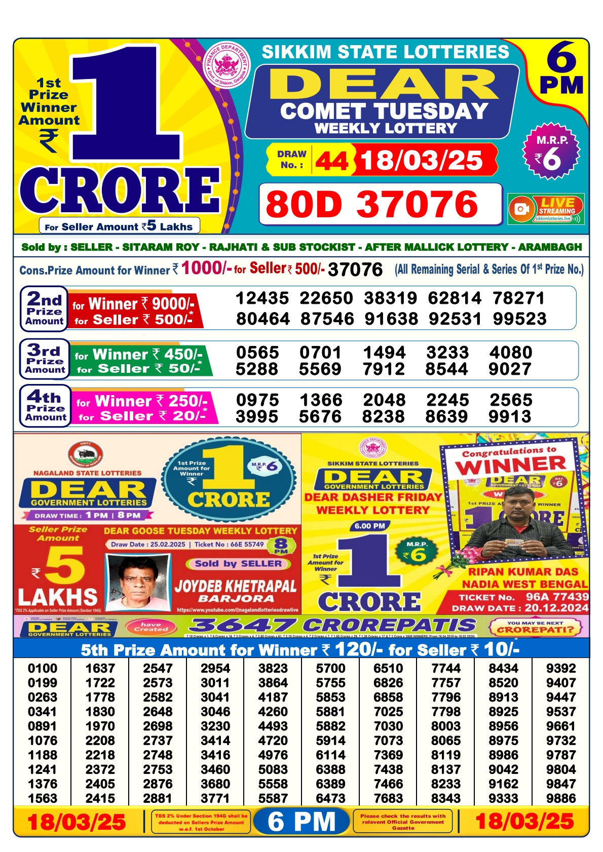 Lottery Sambad 6 PM Today 18/03/2025