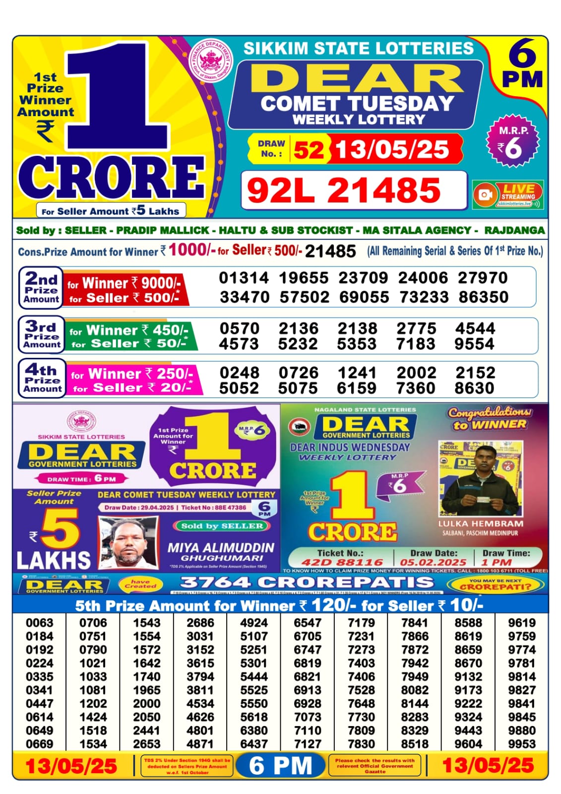 13 Tarikh Ke Lottery Sambad 6PM 13/05/2025