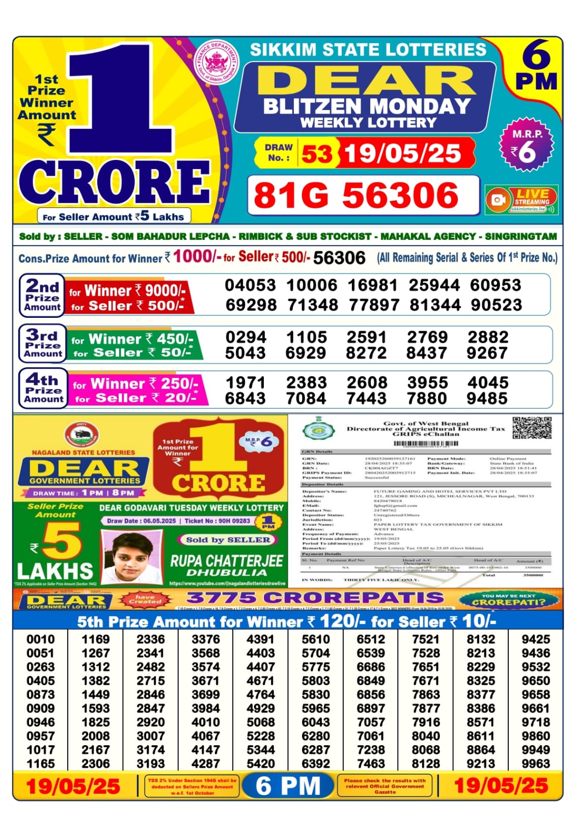 19 Tarikh Ke Lottery Sambad 6PM 19/05/2025