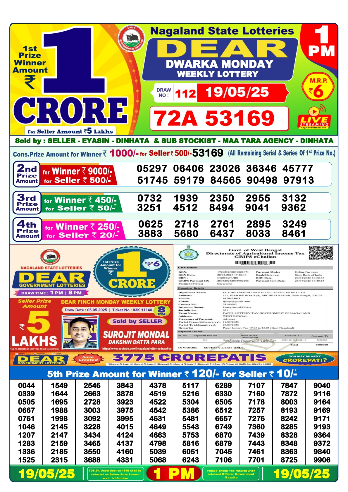 19 Tarikh Ke Lottery Sambad 1PM 19/05/2025