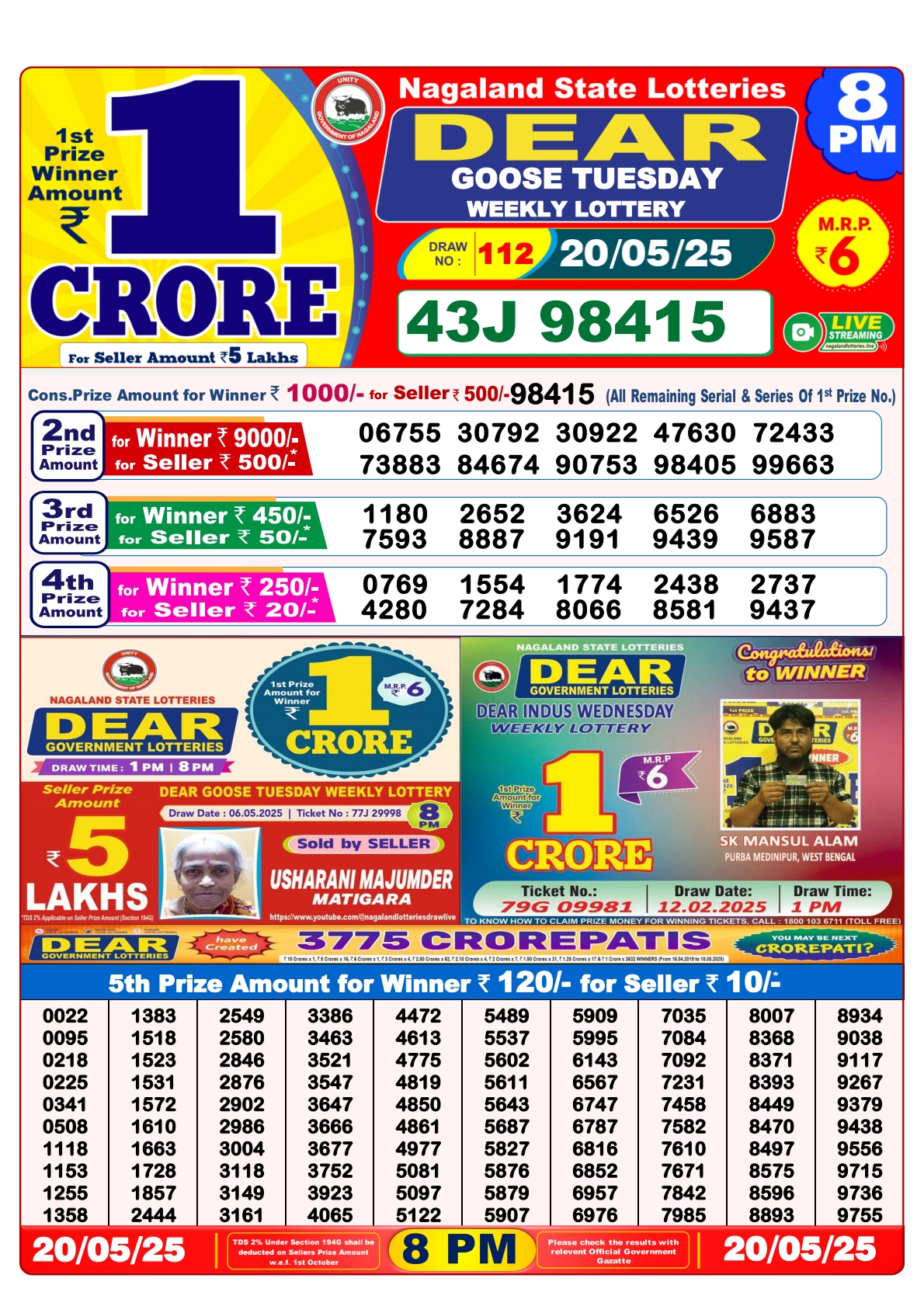 20 Tarikh Lottery Sambad 8PM 20/05/2025
