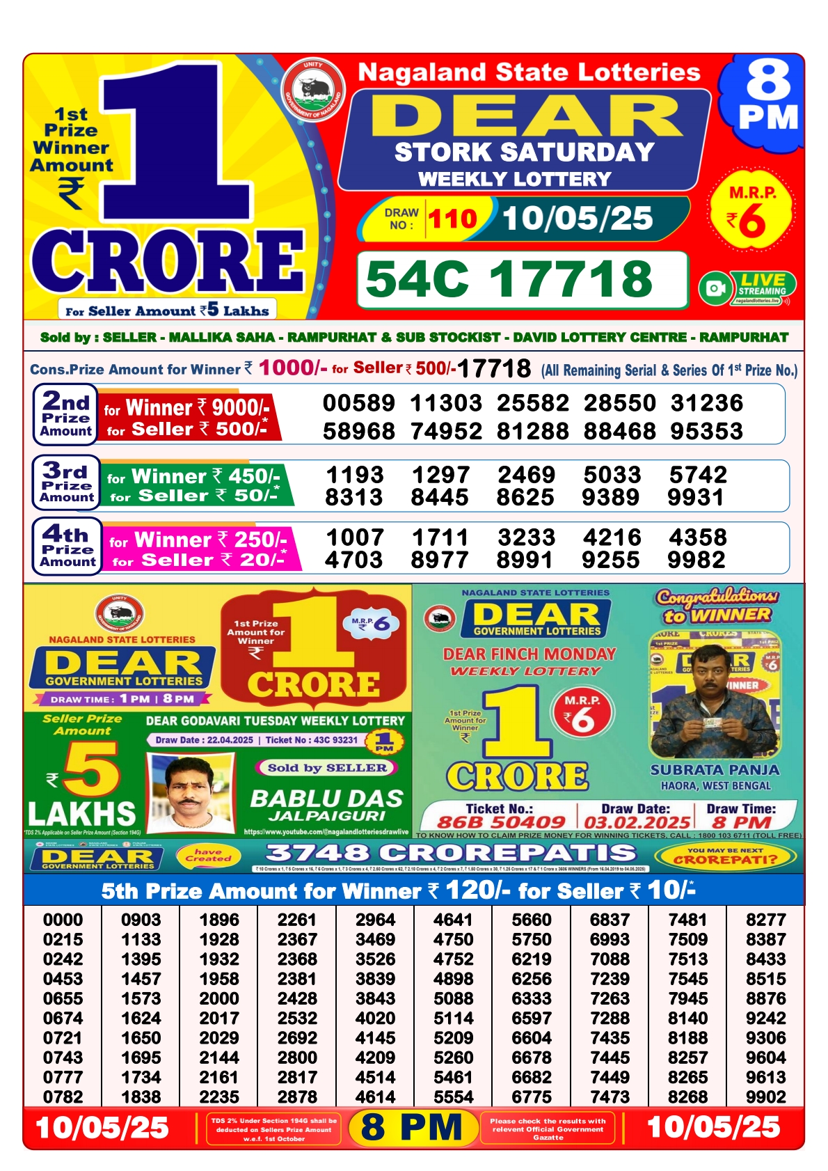 10 Tarikh Ke Lottery Sambad 8PM 10/05/2025