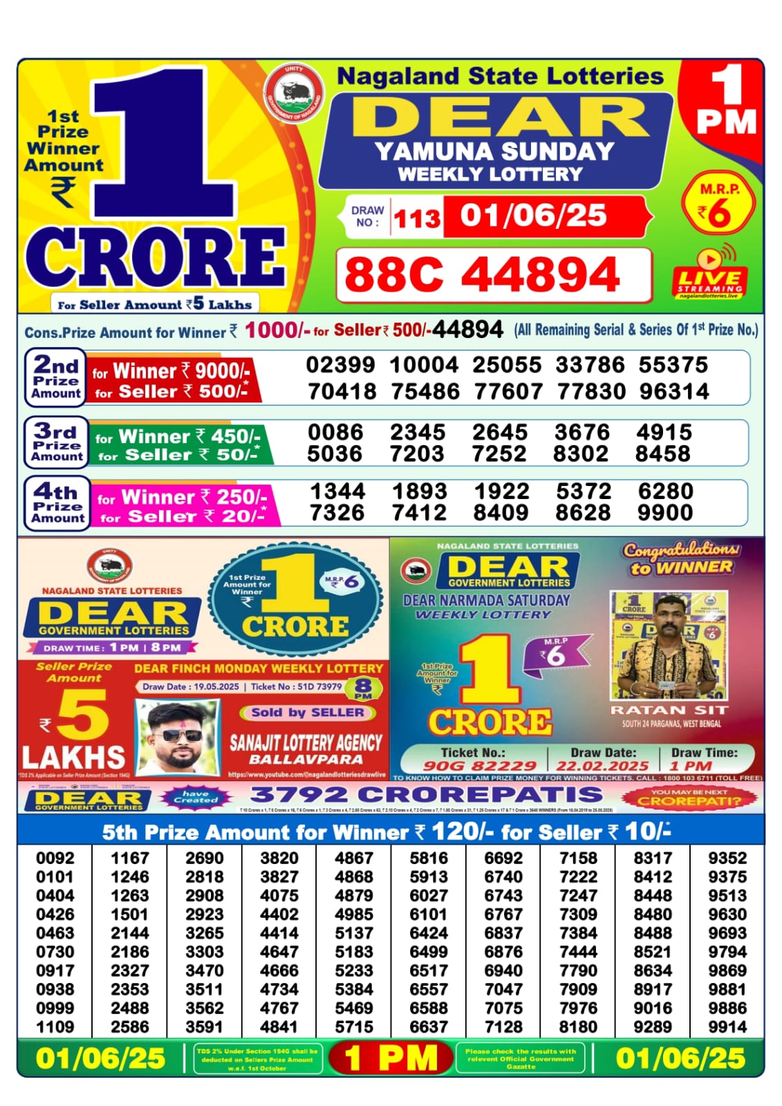 01 Tarikh Lottery Sambad 1PM 01/06/2025