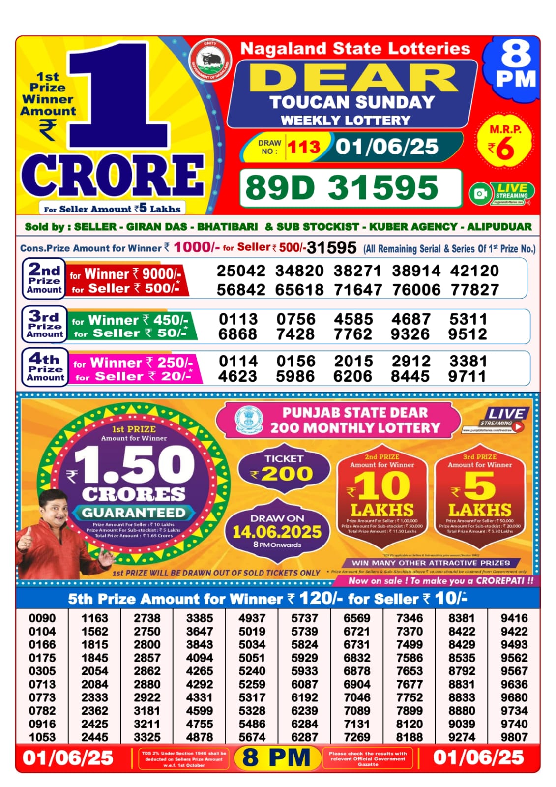 01 Tarikh Lottery Sambad 8PM 01/06/2025