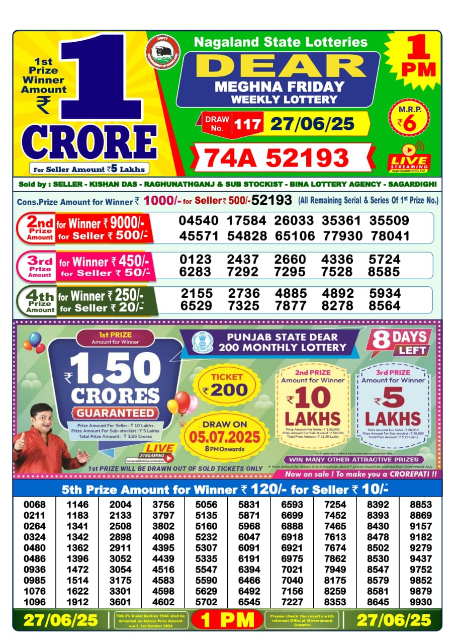Lottery Sambad 27/06/25 1PM