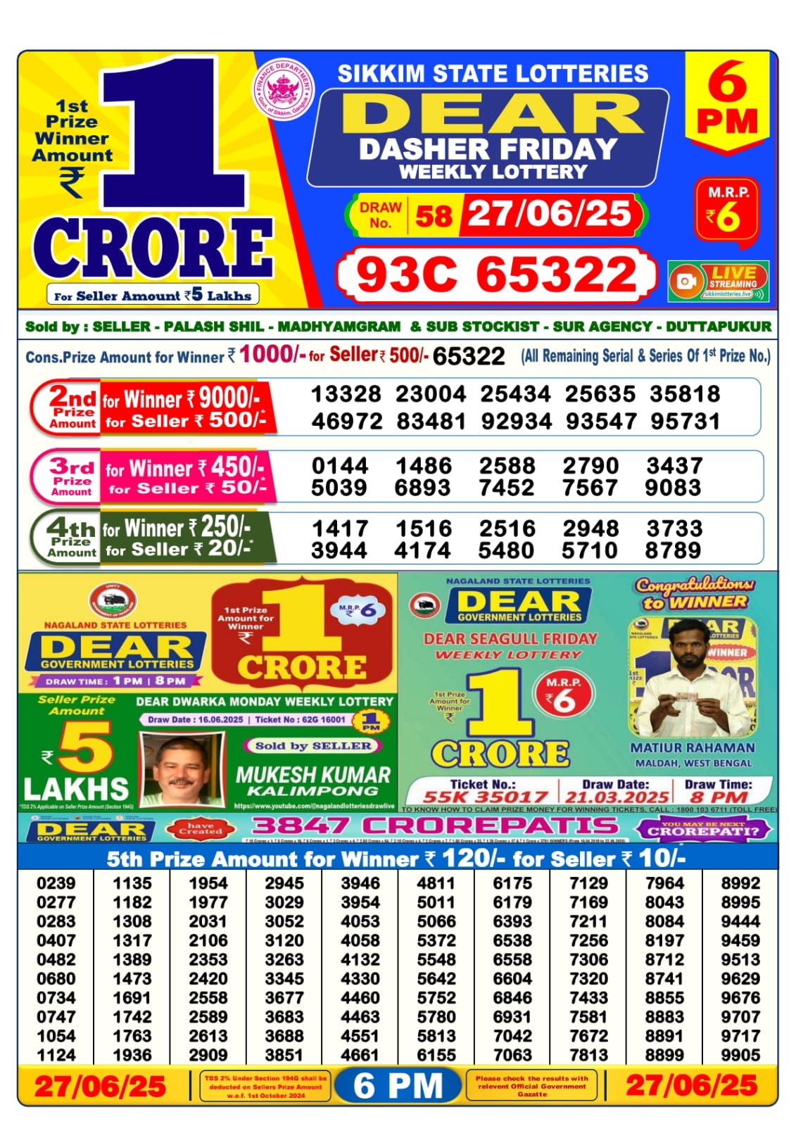 Lottery Sambad 27/06/25 6PM