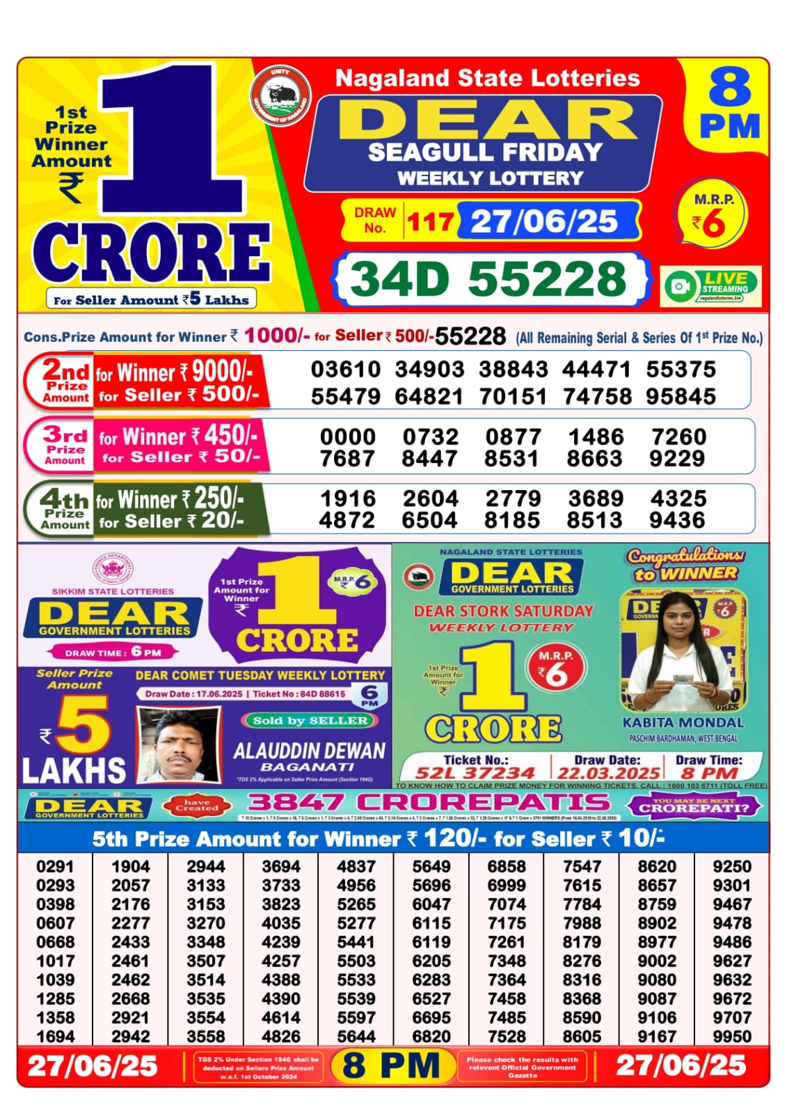 Lottery Sambad 27/06/25 8PM