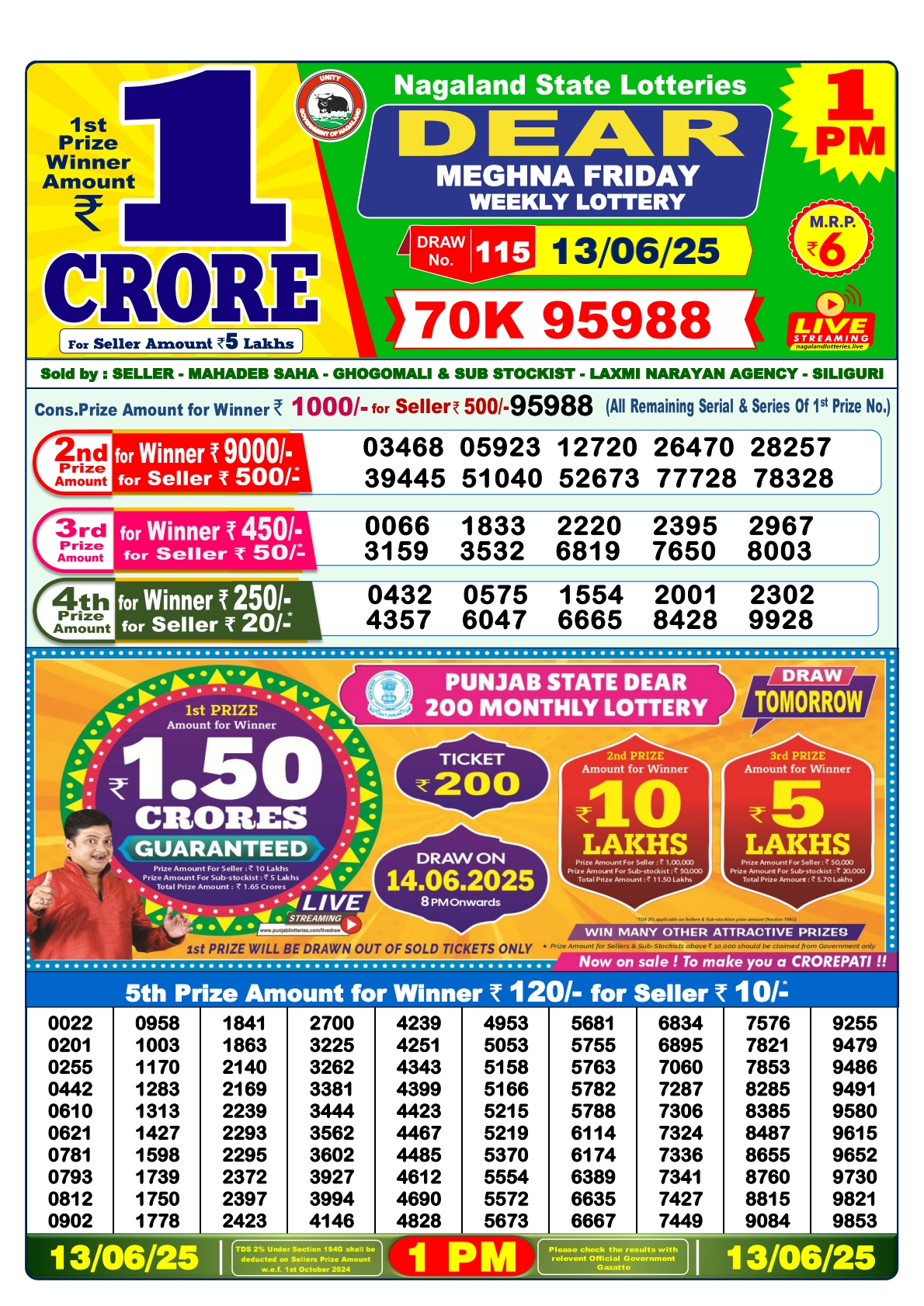 Lottery Sambad 13/06/25 1PM