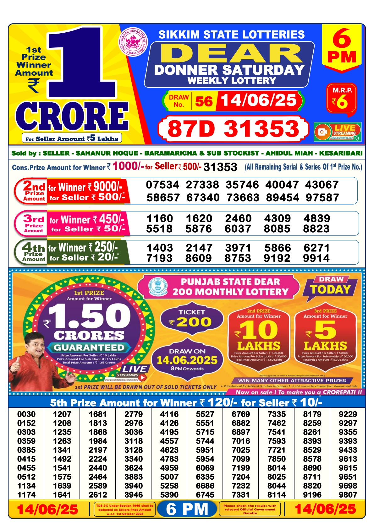 Lottery Sambad 14/06/25 6PM