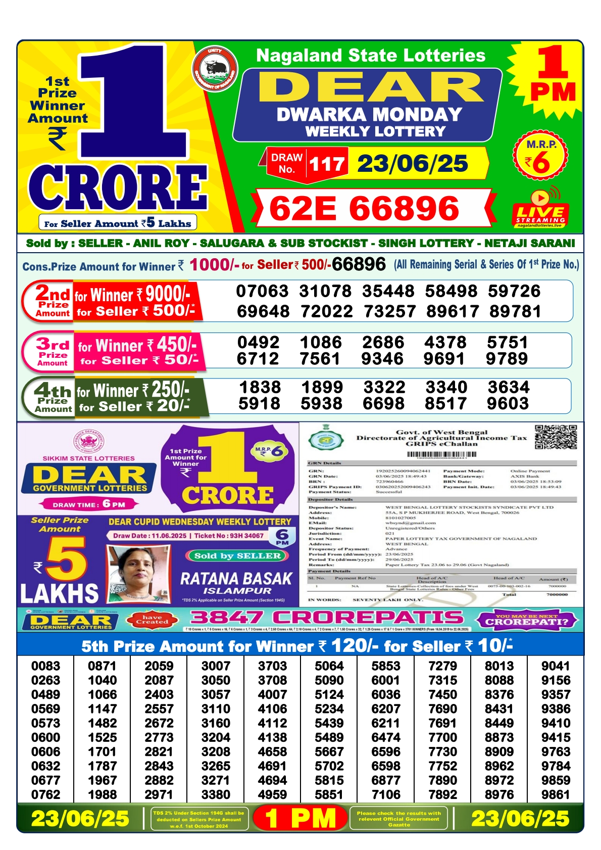 Lottery Sambad 23/06/25 1PM