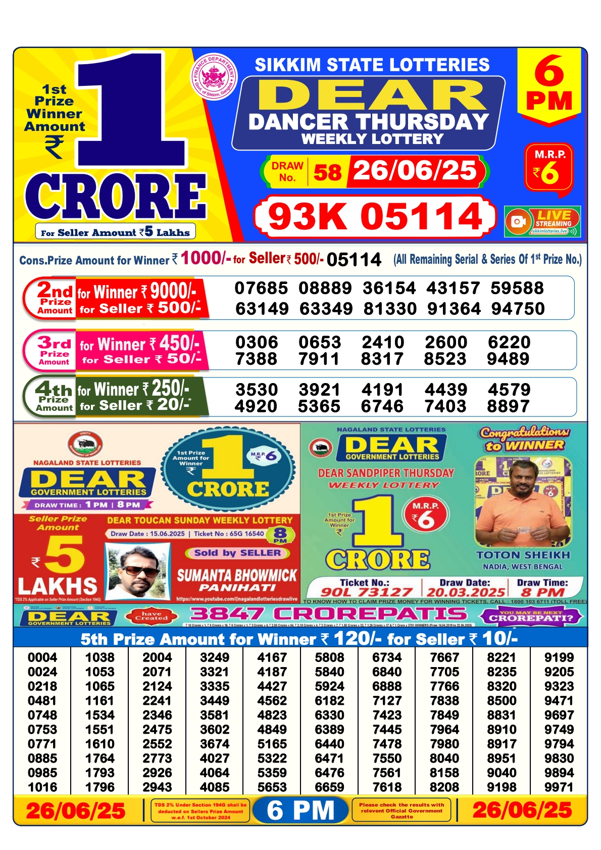Lottery Sambad 26/06/25 6PM