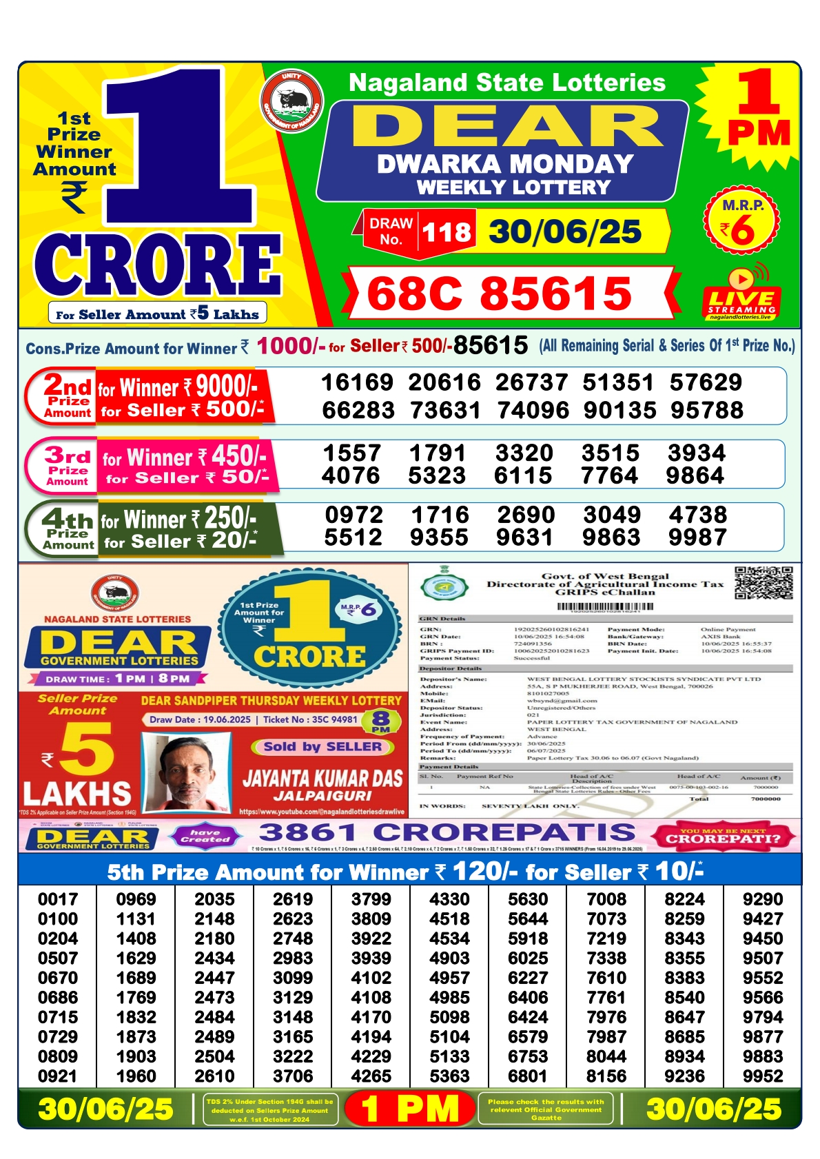 Lottery Sambad 30/06/25 1PM