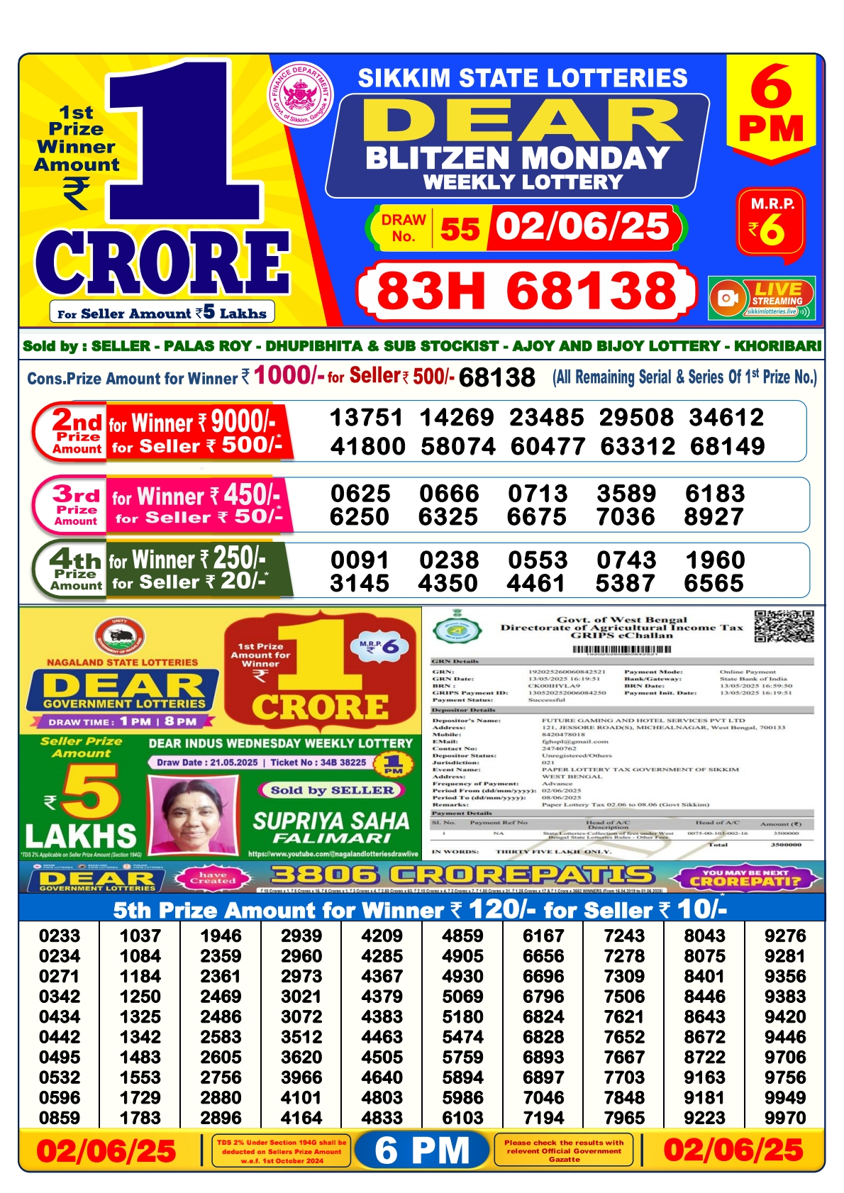 02 Tarikh Lottery Sambad 6PM 02/06/2025