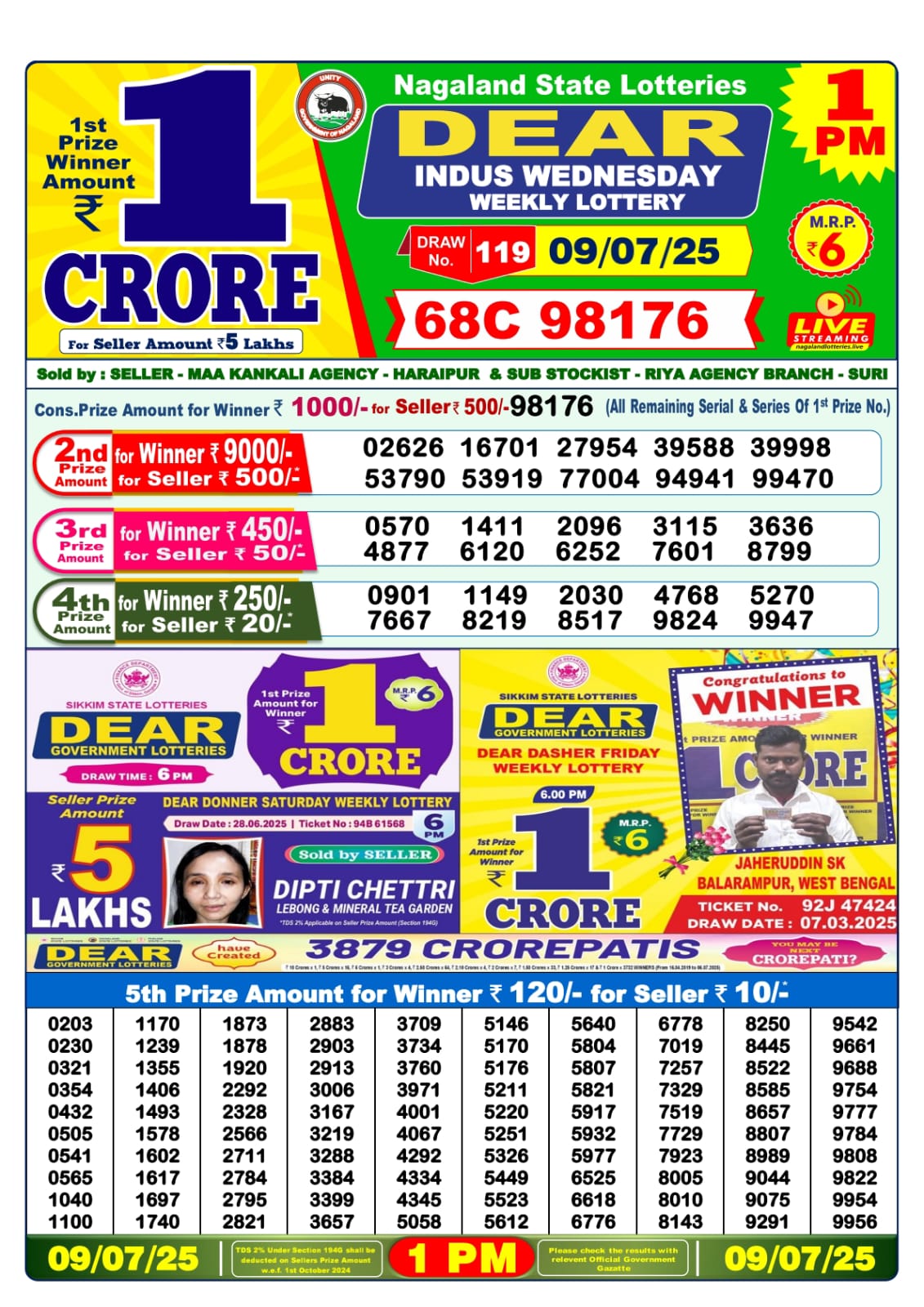 Lottery Sambad 09/07/25 1PM