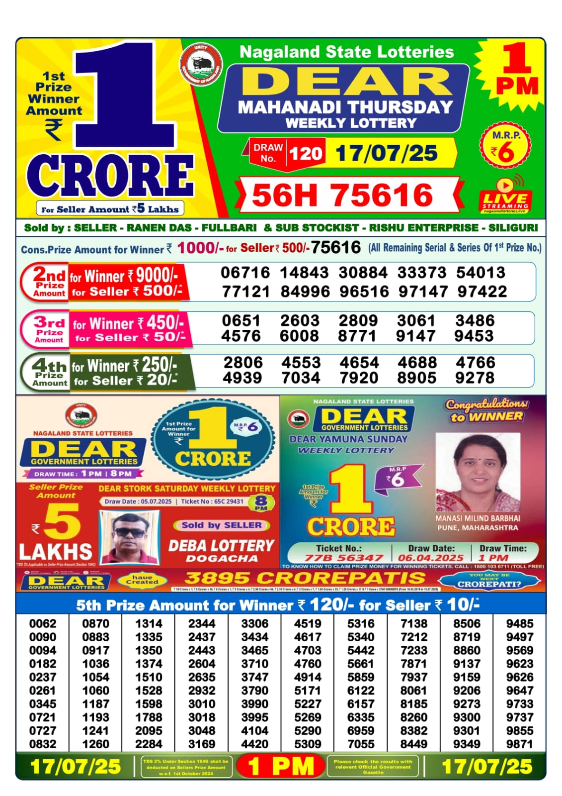 Lottery Sambad 17/07/25 1 PM