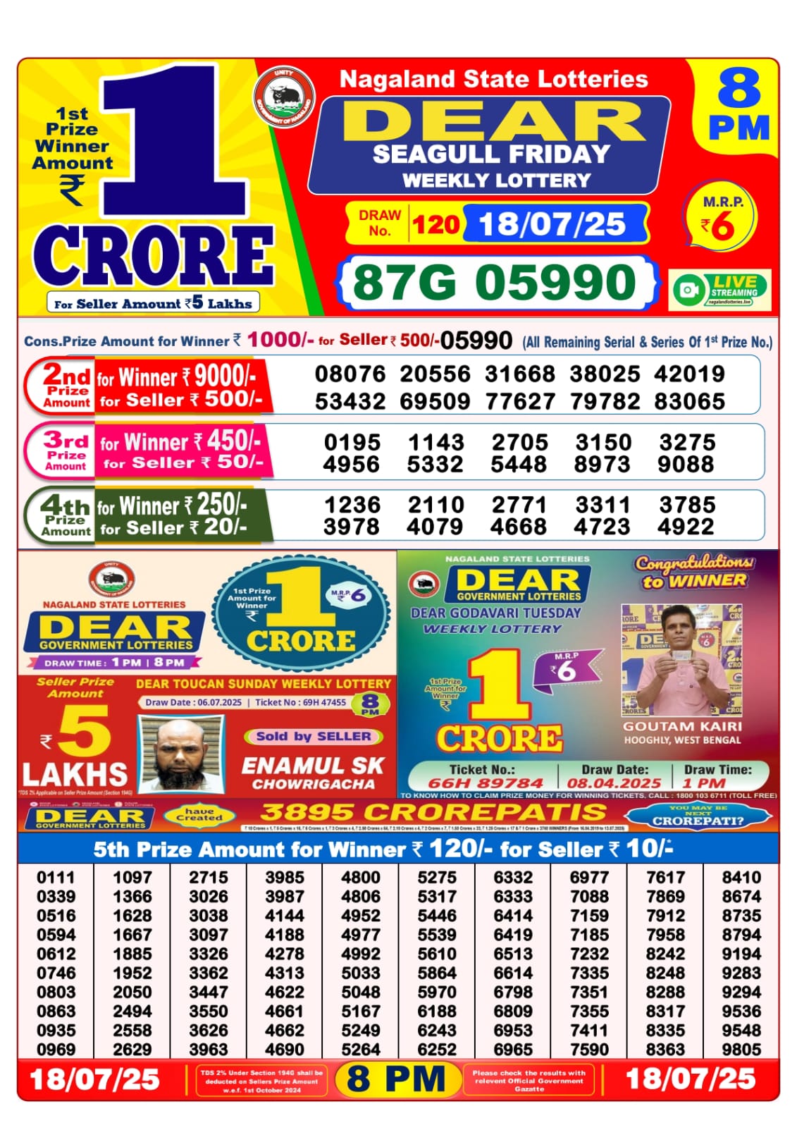 Dear Lottery Sambad 18/07/25 8 PM