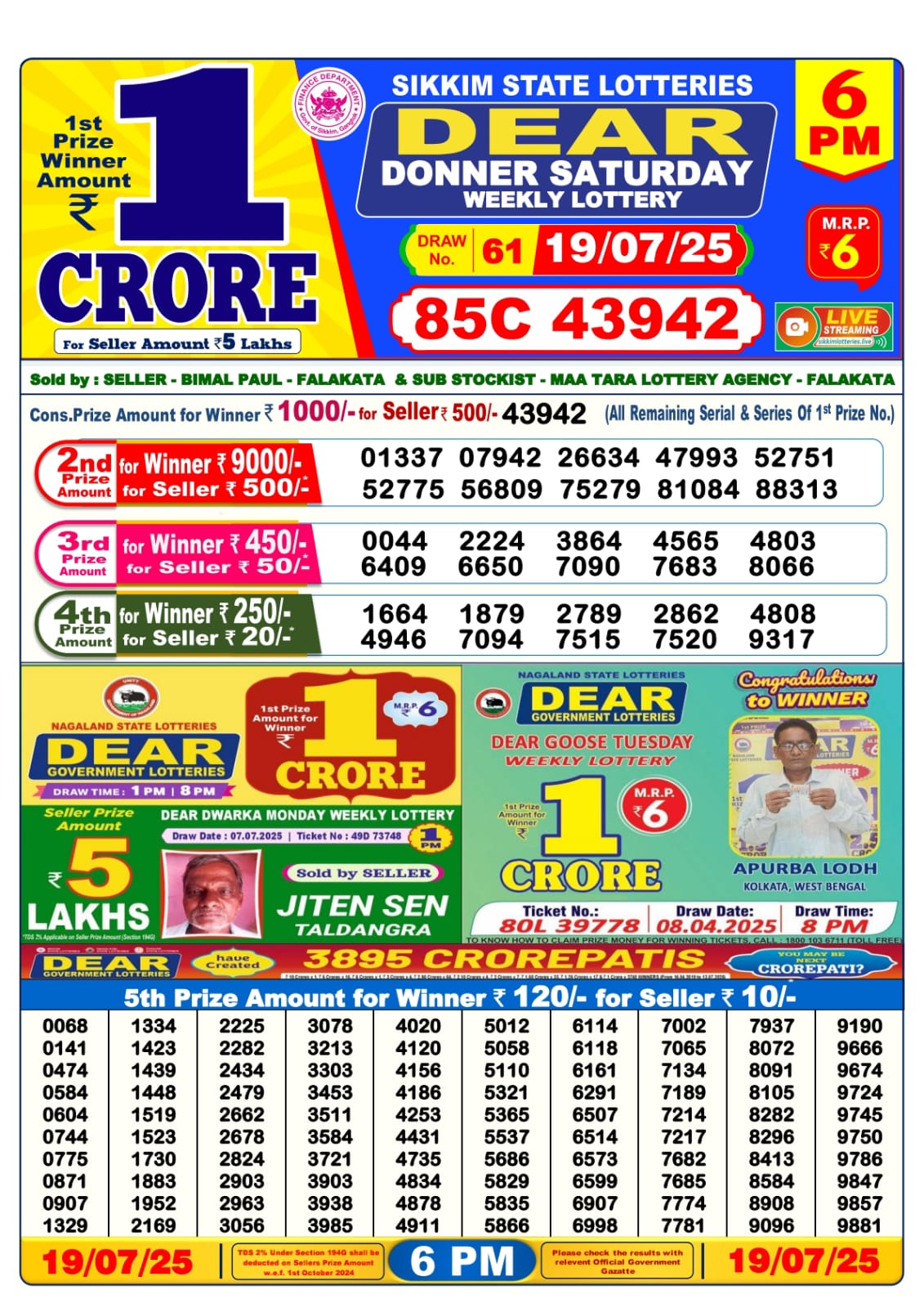 Dear Lottery Sambad 19/07/25 6 PM