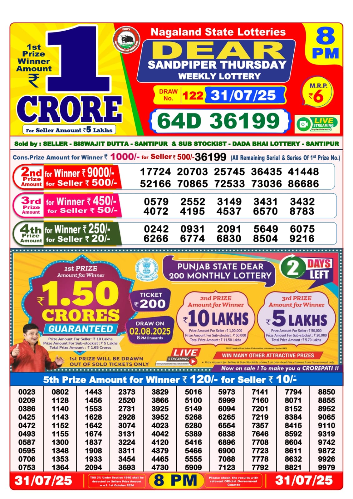 Dear Lottery Sambad 31/07/25 8 PM