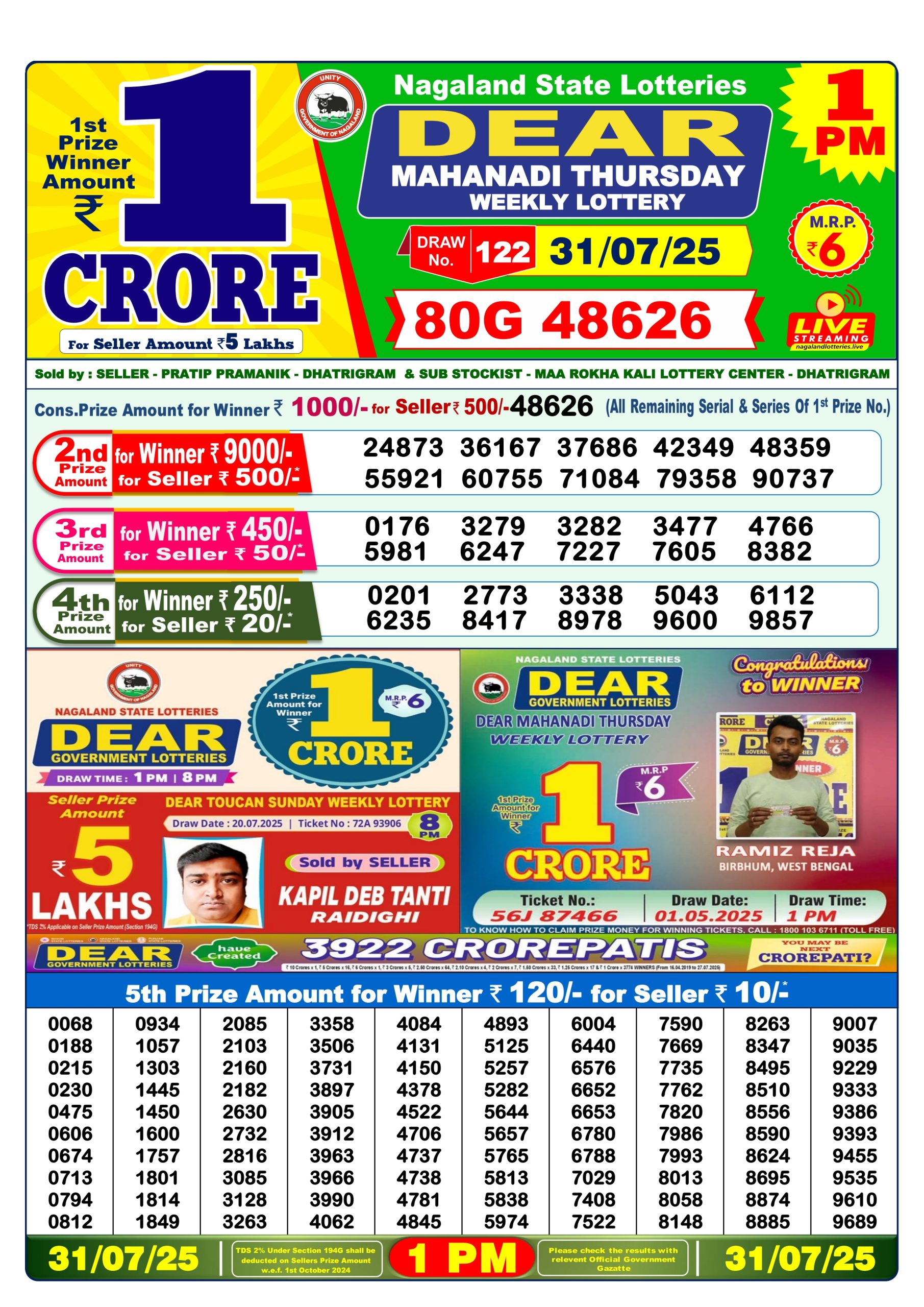 Dear Lottery Sambad 31/07/25 1 PM