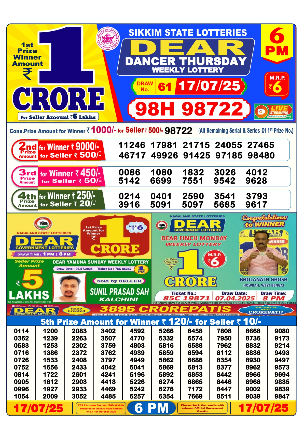 Lottery Sambad 17/07/25 6 PM