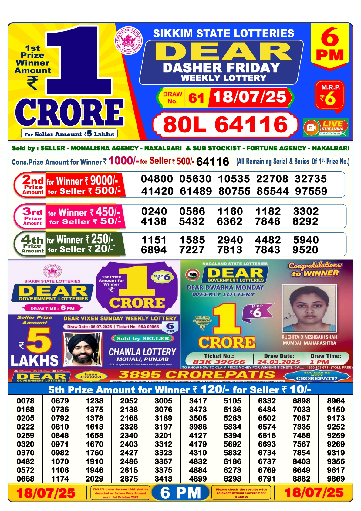 Dear Lottery Sambad 18/07/25 6 PM