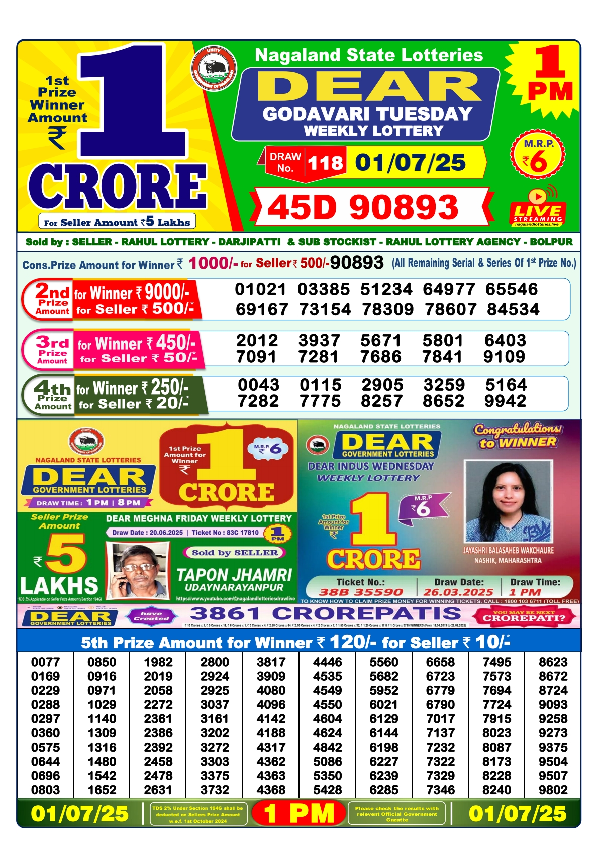 Lottery Sambad 01/07/25 1PM