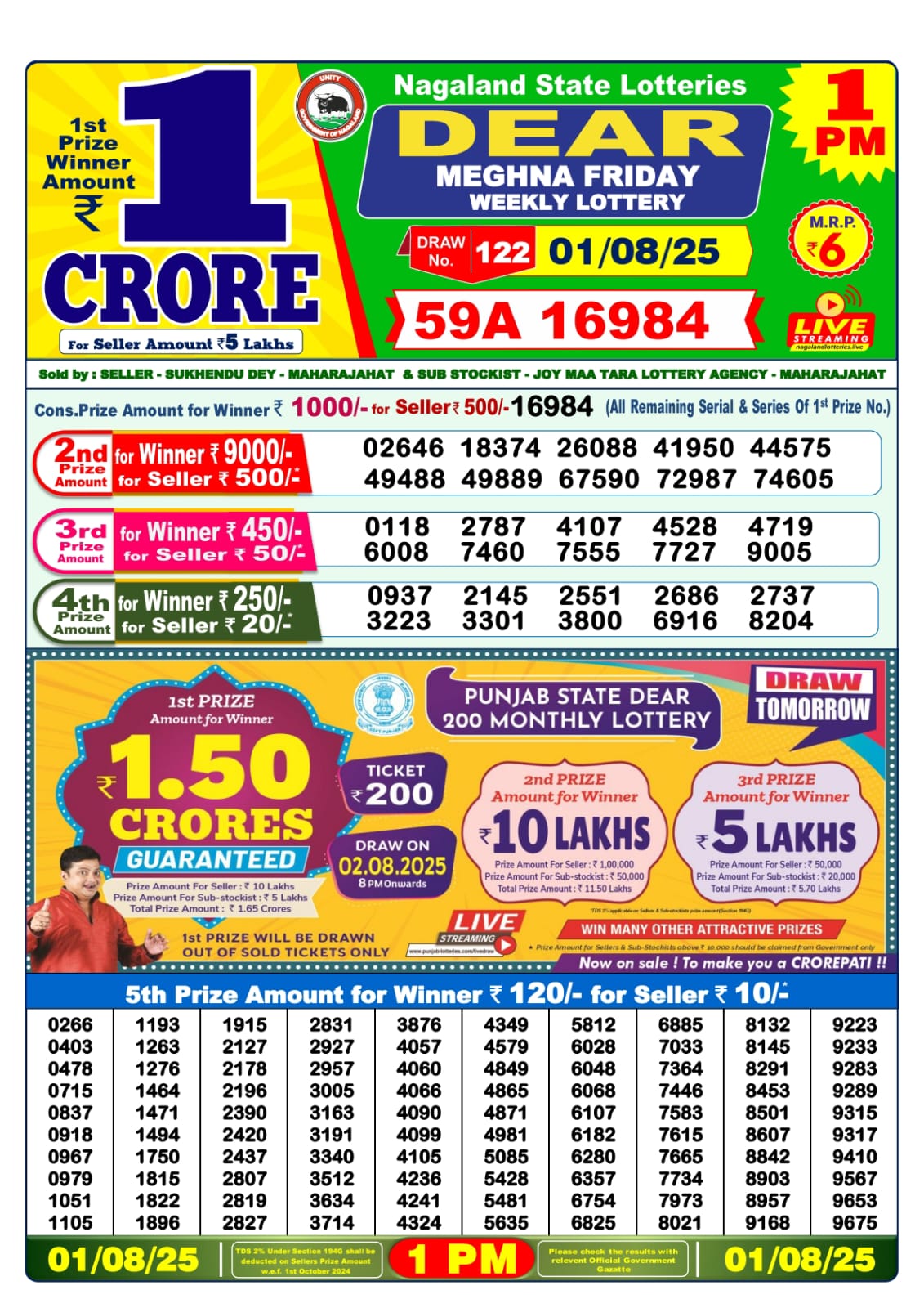 Dear Lottery Sambad 01/08/25 1 PM