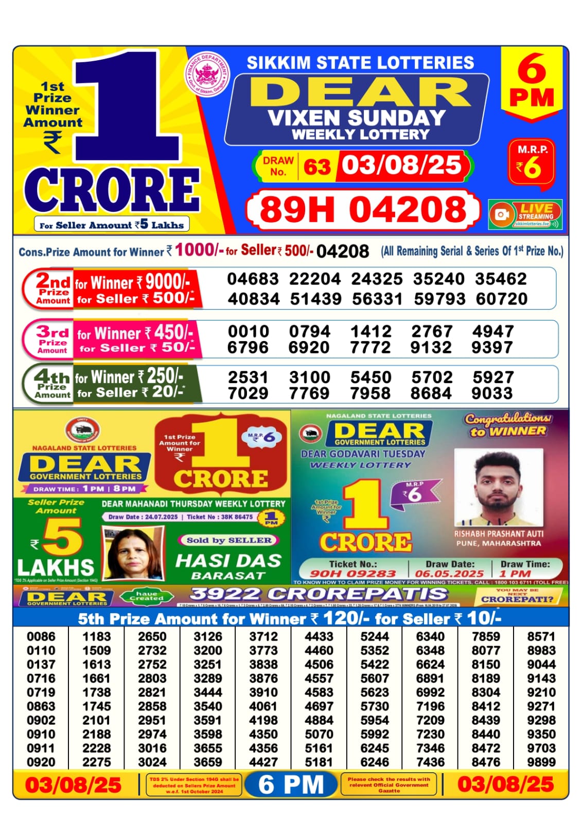 Dear Lottery Sambad 03/08/25 6 PM