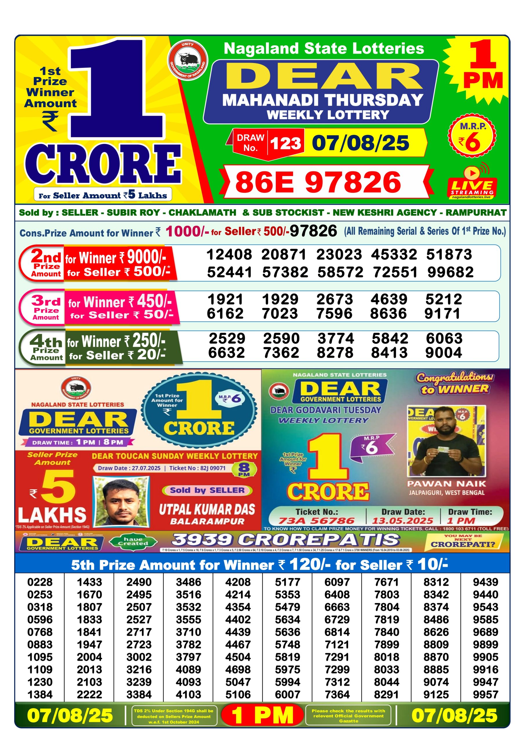 Dear Lottery Sambad 07/08/25 1 PM