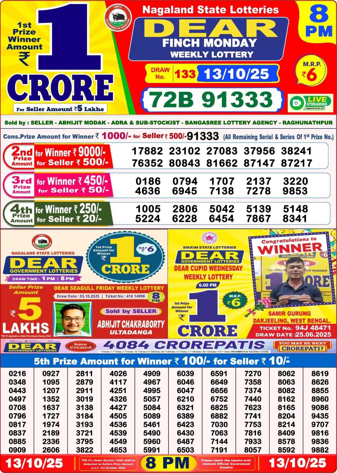 8 PM Lottery Sambad Result Today Live 13.10.25: Check Winning Numbers