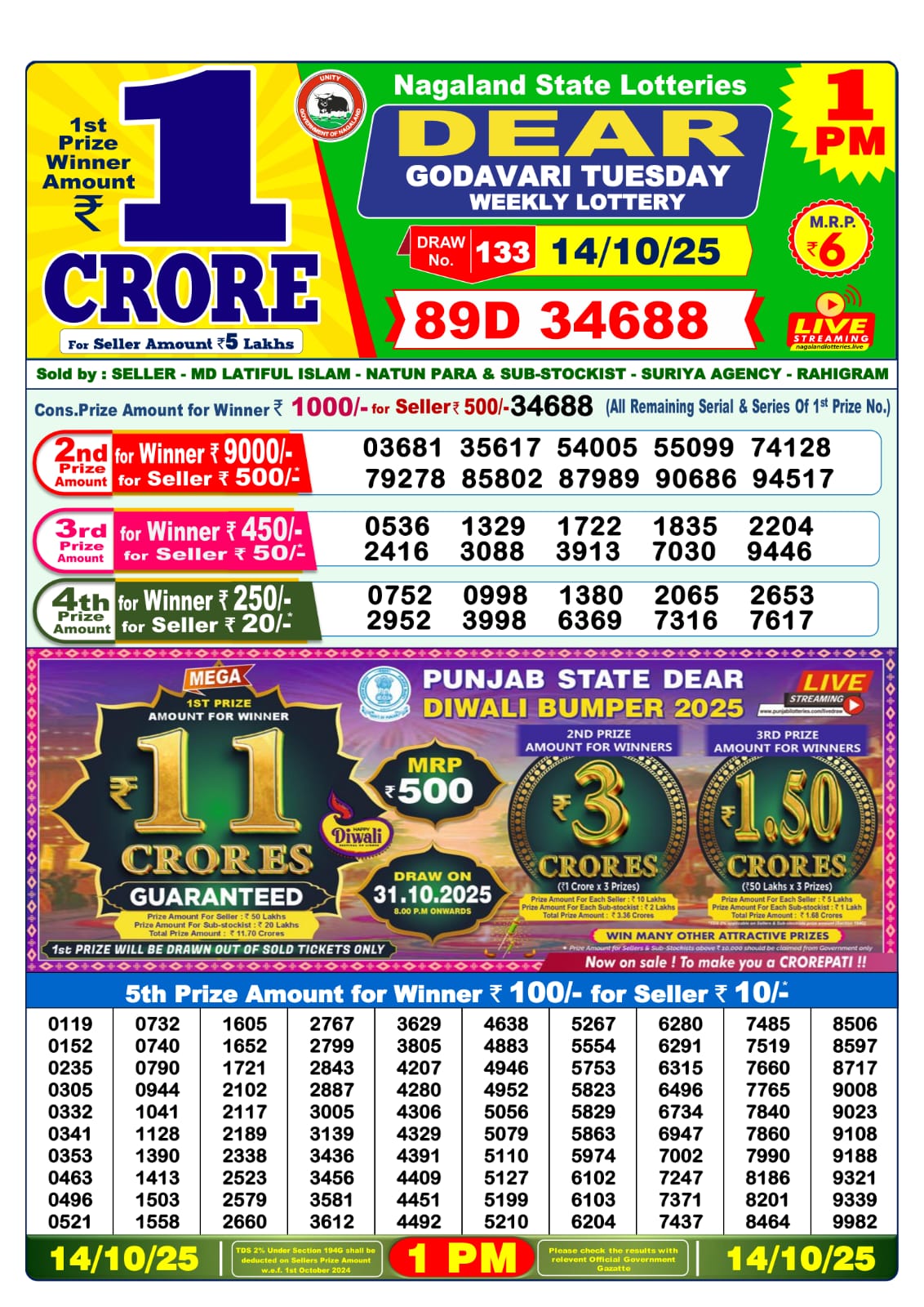 Lottery Sambad 1 PM Result Today 14.10.2025: Check Dear Morning Live Winner List PDF
