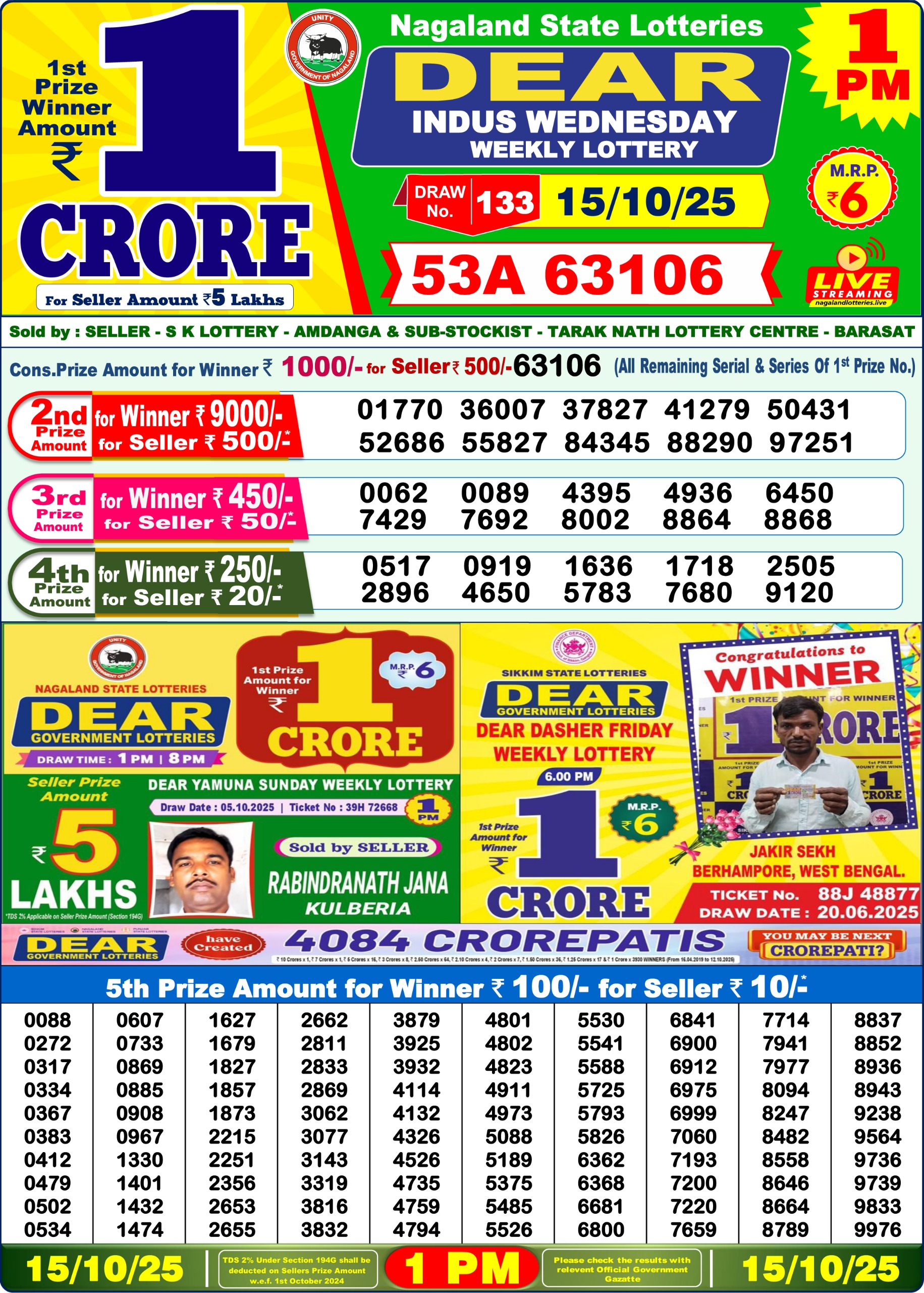 Lottery Sambad 1 PM Result Today 15.10.2025: Check Dear Morning Live Winner List PDF