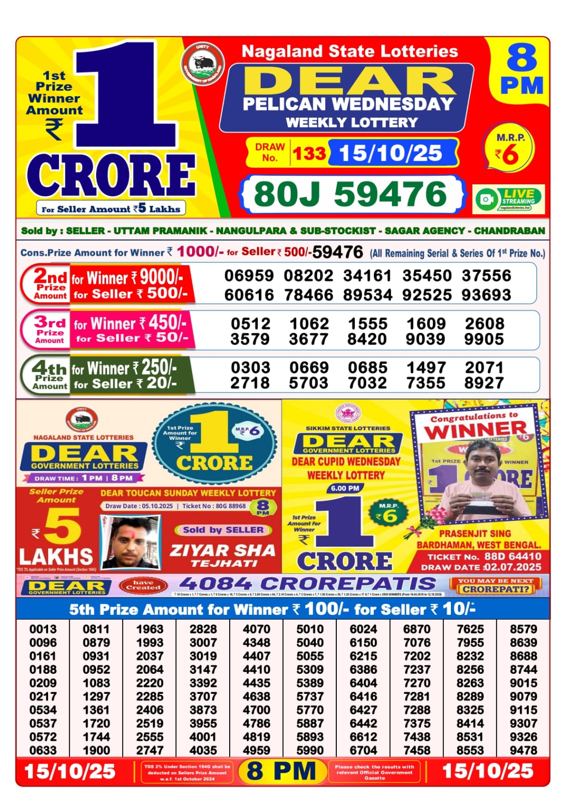8 PM Lottery Sambad Result Today Live 15.10.25: Check Winning Numbers