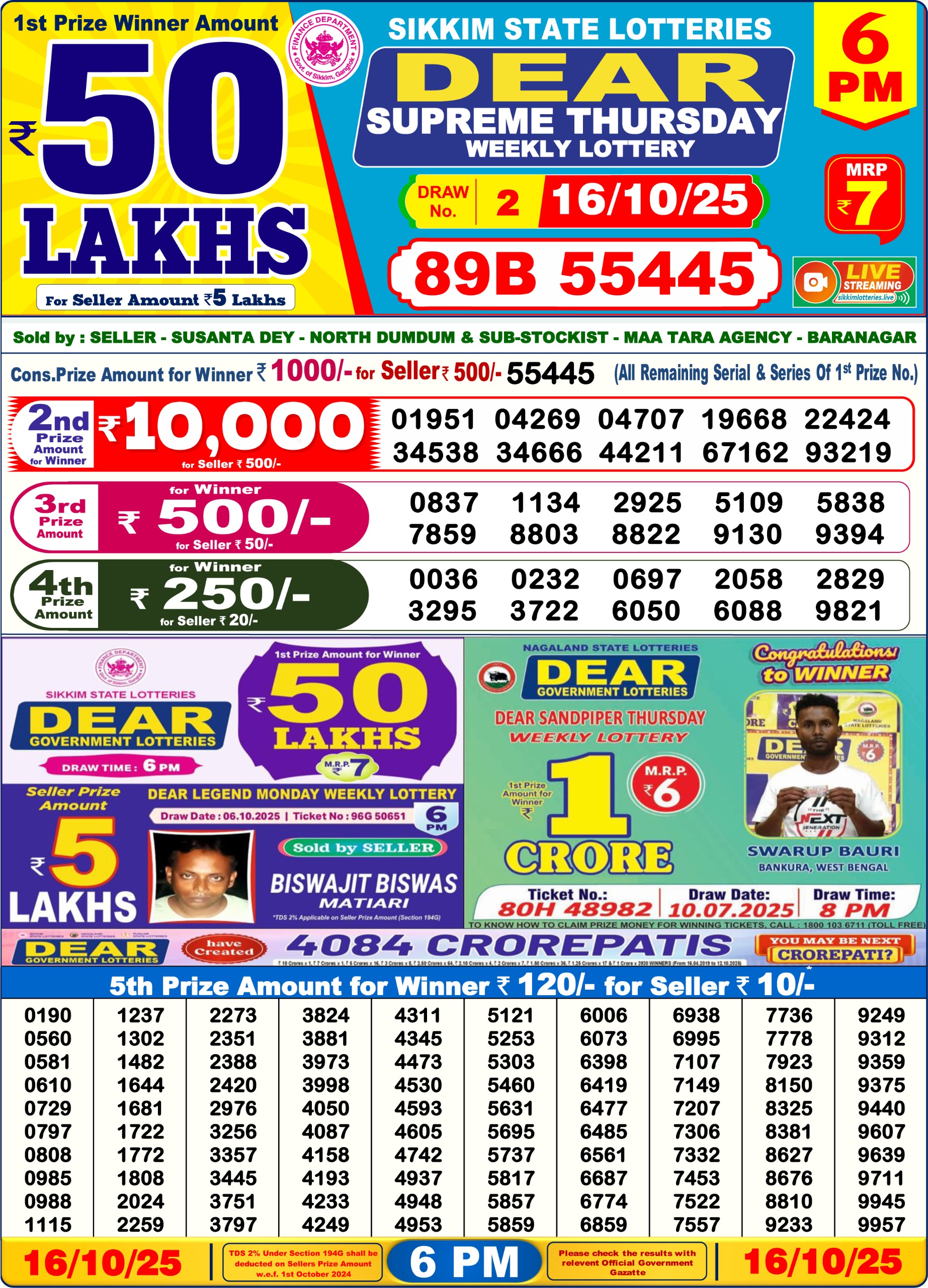 Dear Lottery Sambad Result 6 PM 16th Oct 2025: Download West Bengal Sambad Result