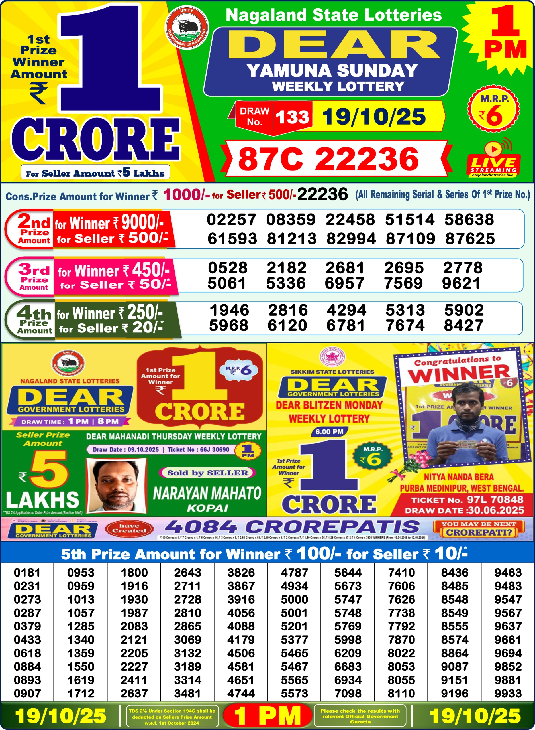 Lottery Sambad 1 PM Result Today 19.10.2025: Check Dear Morning Live Winner List PDF