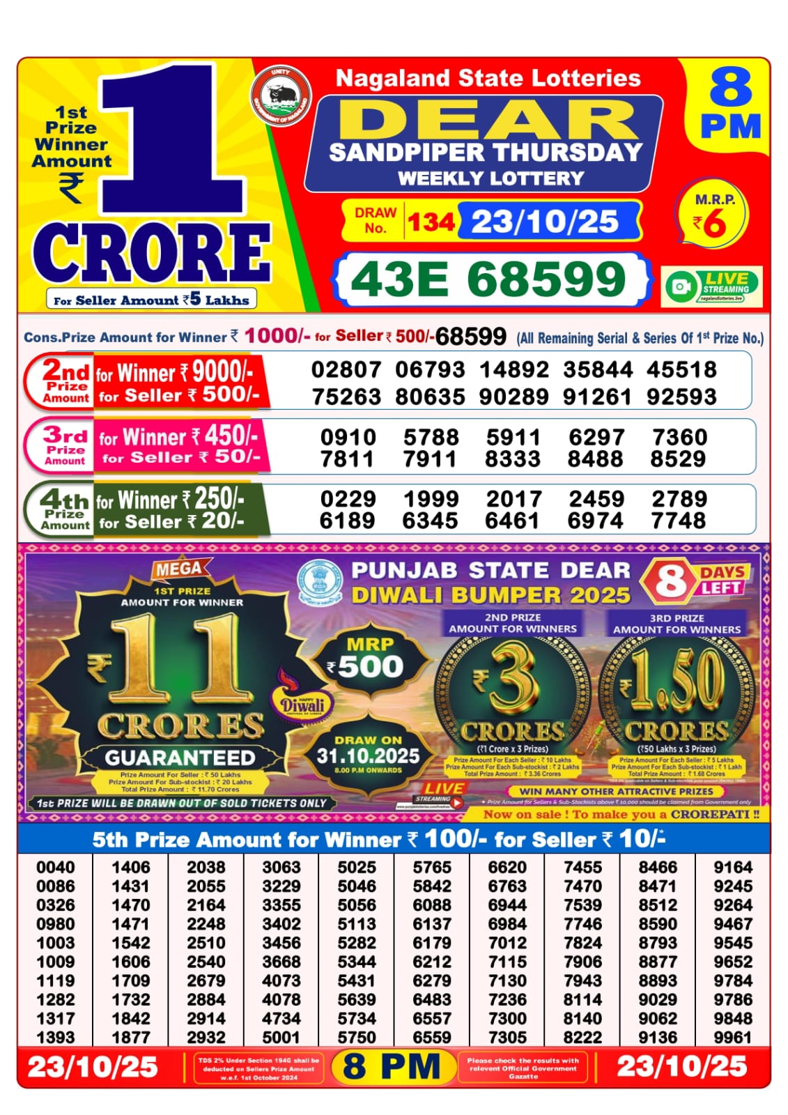 8 PM Lottery Sambad Result Today Live 23.10.25: Check Winning Numbers