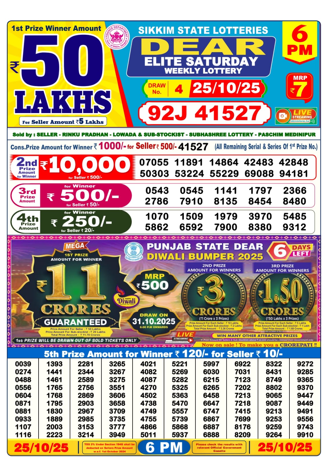 Dear Lottery Sambad Result 6 PM 25th Oct 2025: Download West Bengal Sambad Result