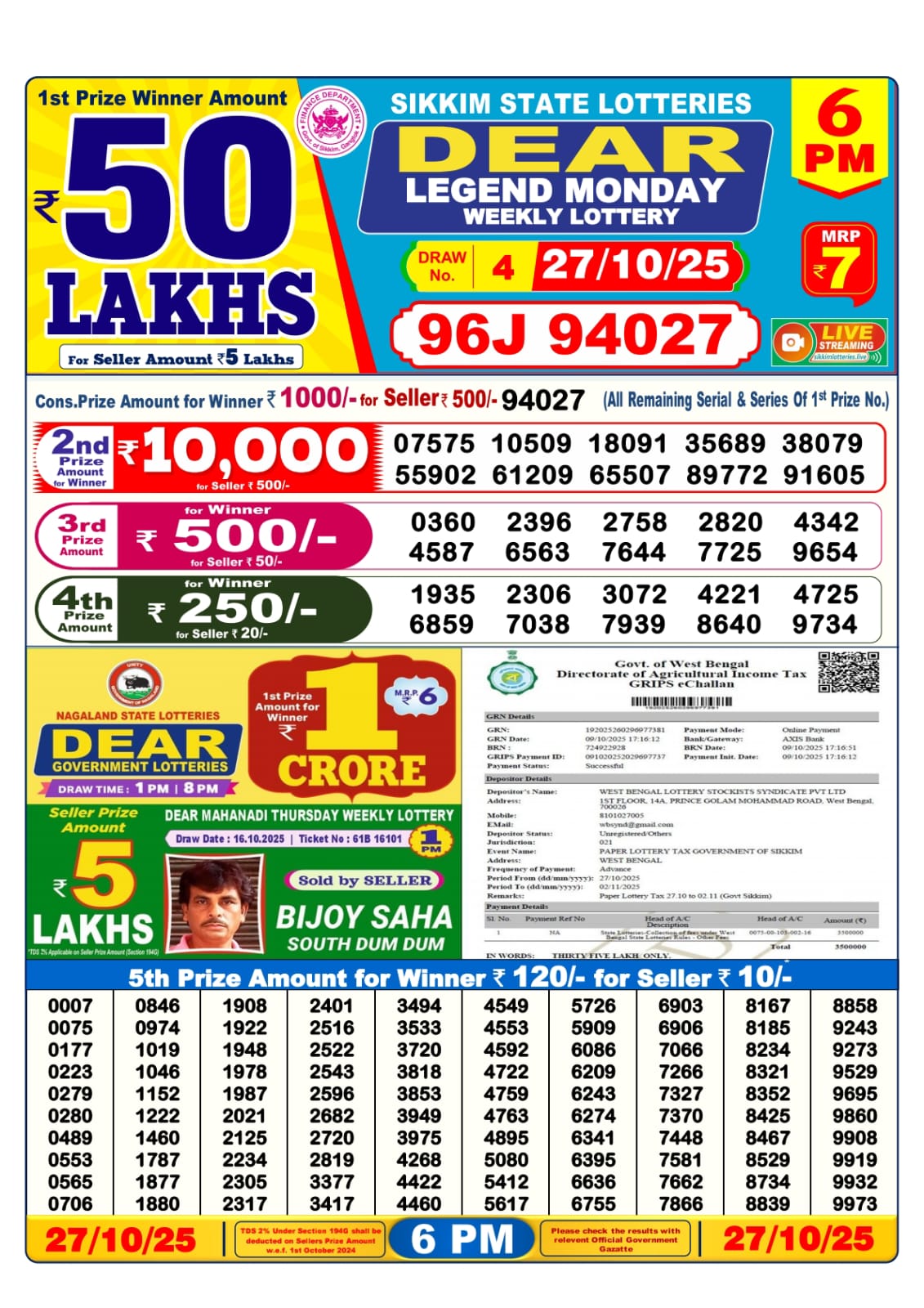 Dear Lottery Sambad Result 6 PM 27th Oct 2025: Download West Bengal Sambad Result