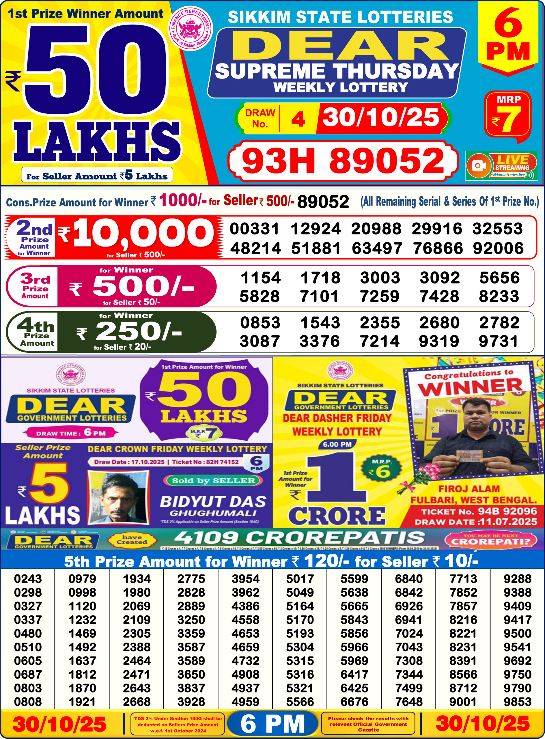 Dear Lottery Sambad Result 6 PM 30th Oct 2025: Download West Bengal Sambad Result