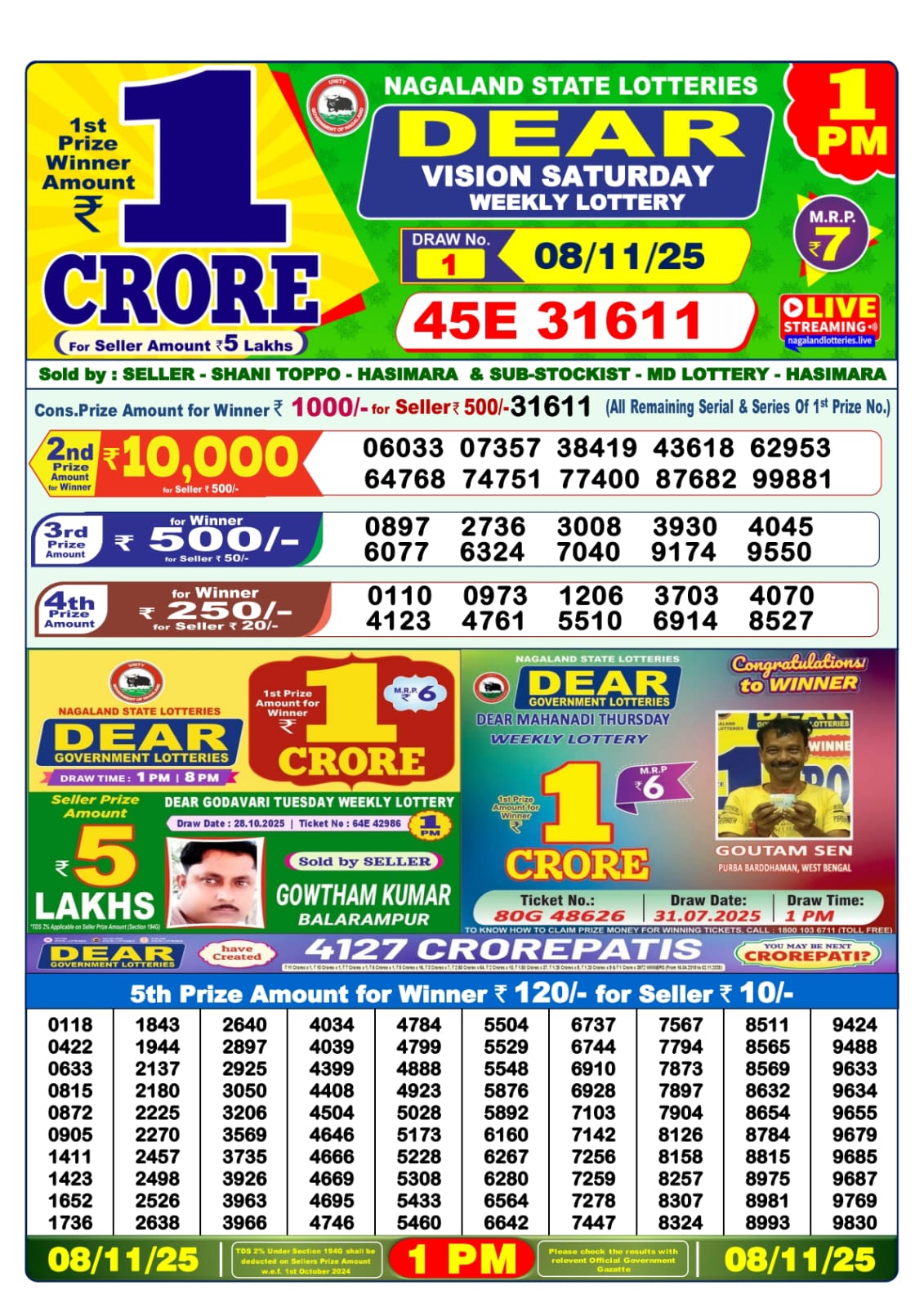 Lottery Sambad 1 PM Result Today 08.11.2025: Check Dear Morning Live Winner List PDF