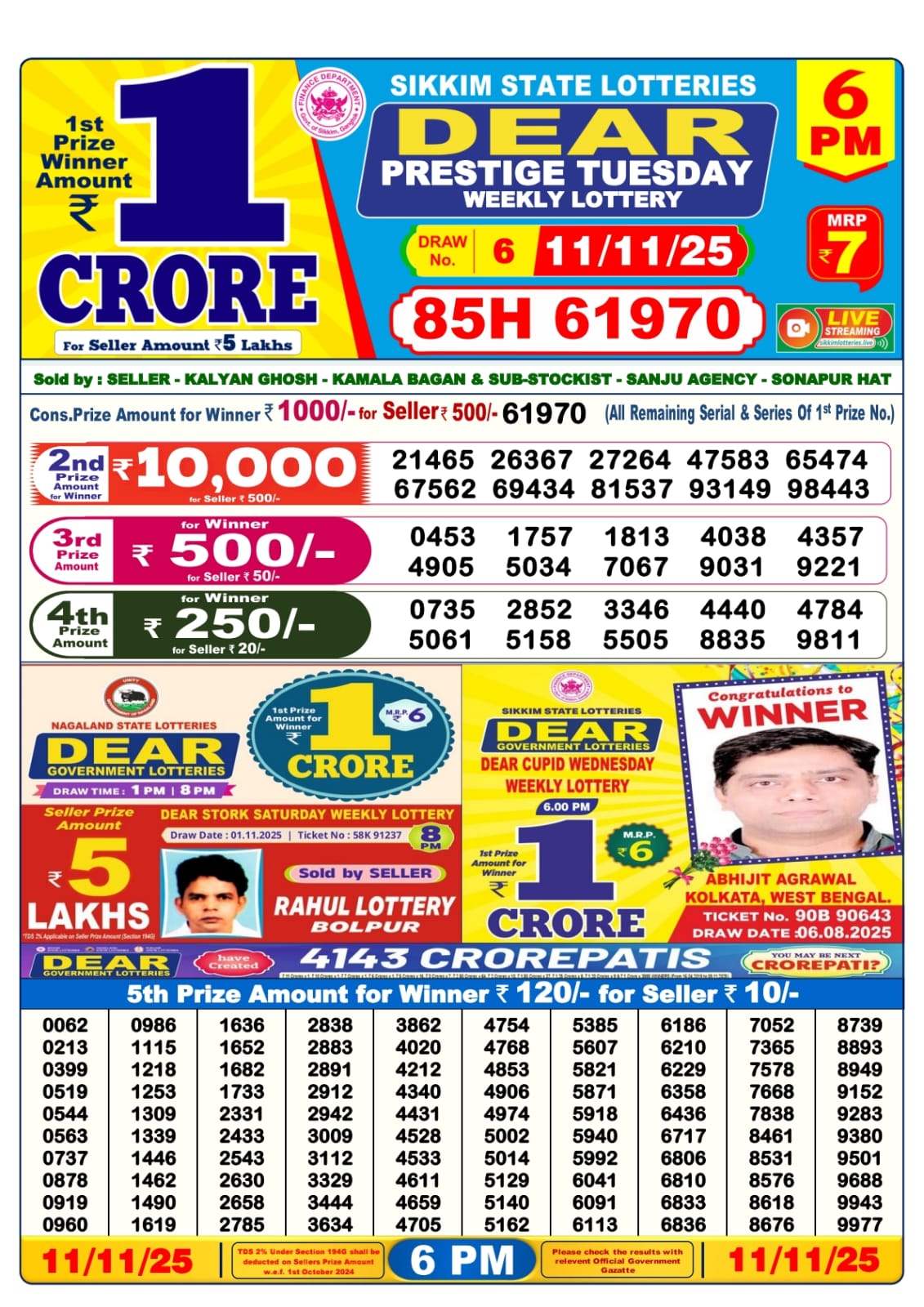 Dear Lottery Sambad Result 6 PM 11 November 2025: Download West Bengal Sambad Result