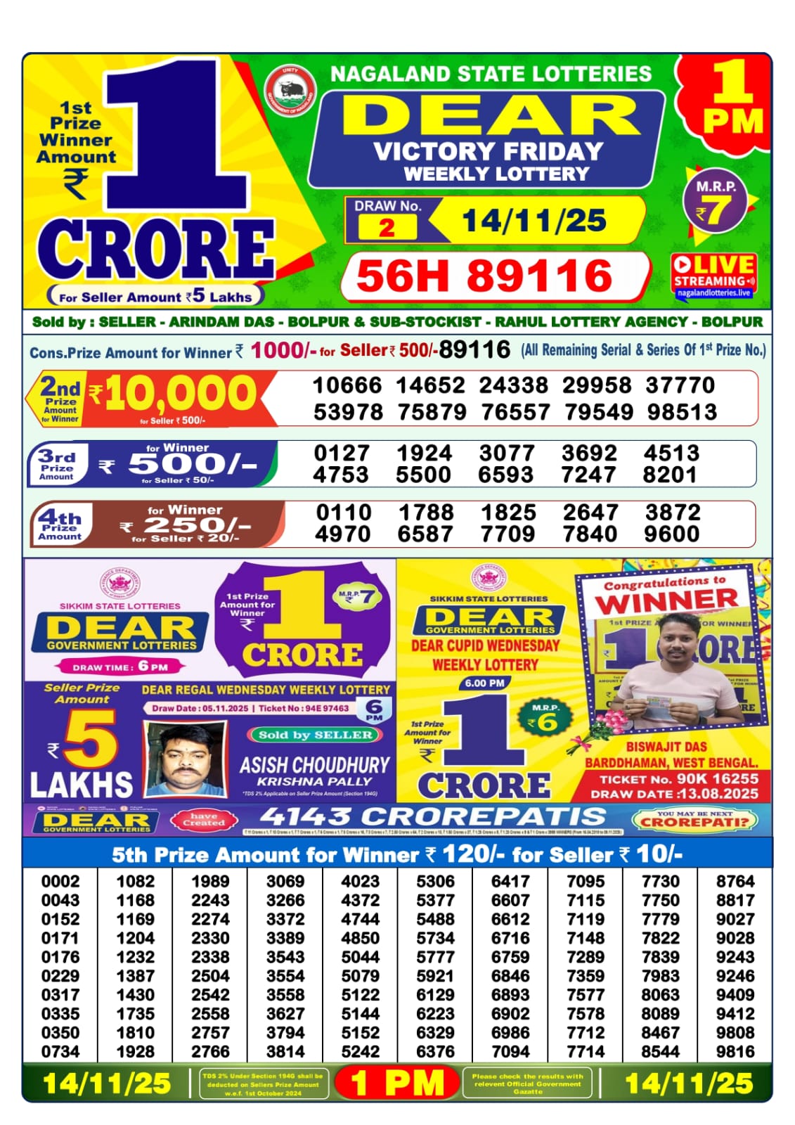 Lottery Sambad 1 PM Result Today 14.11.2025: Check Dear Morning Live Winner List PDF