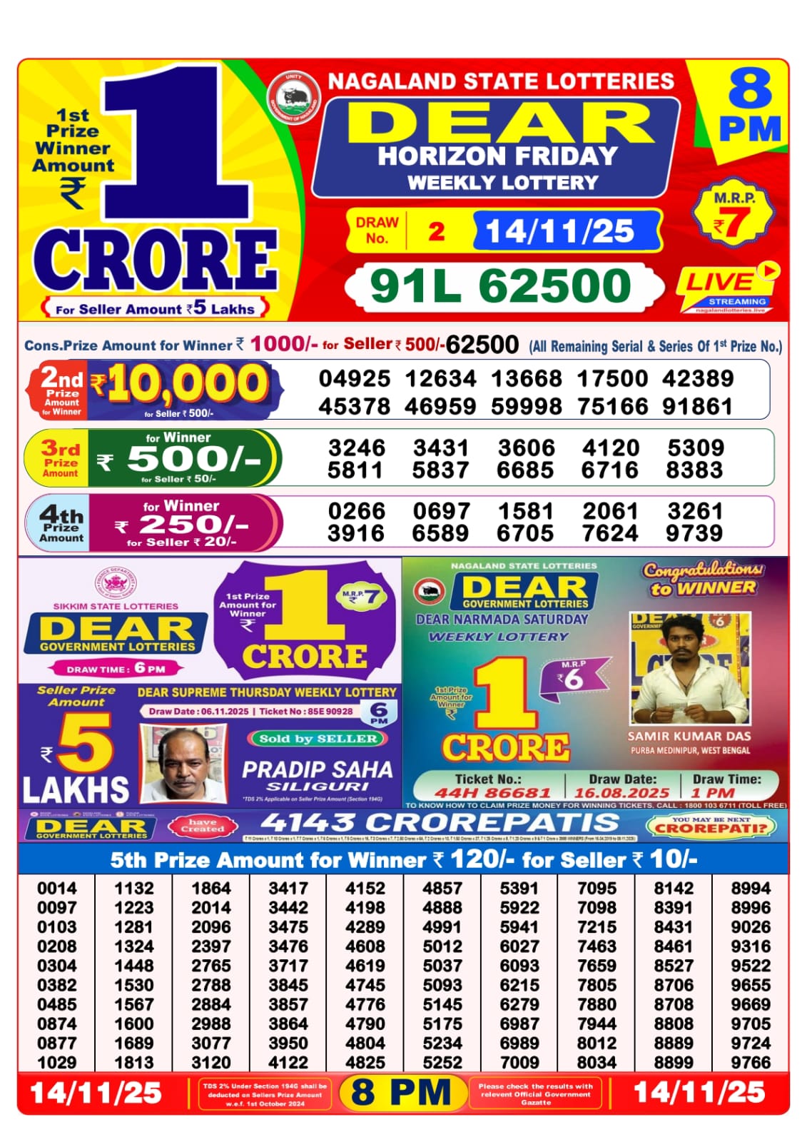 8 PM Lottery Sambad Result Today Live 14.11.25: Check Winning Numbers