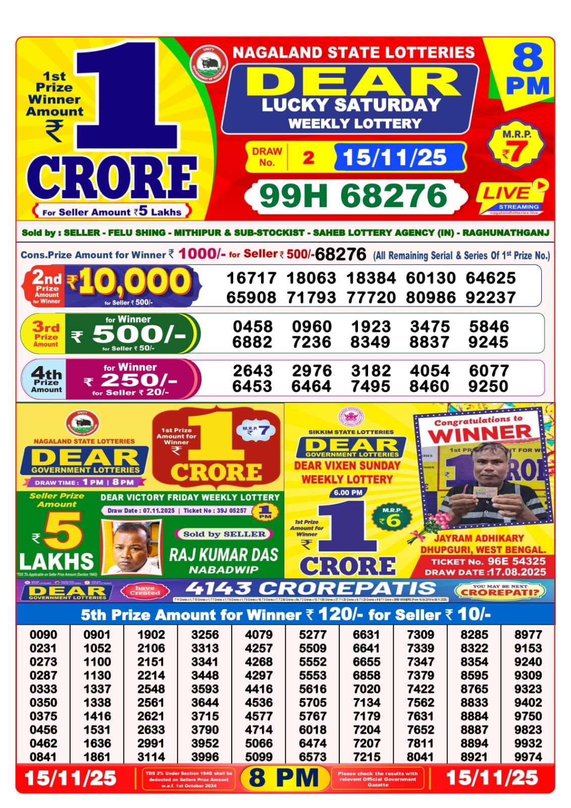 8 PM Lottery Sambad Result Today Live 15.11.25: Check Winning Numbers