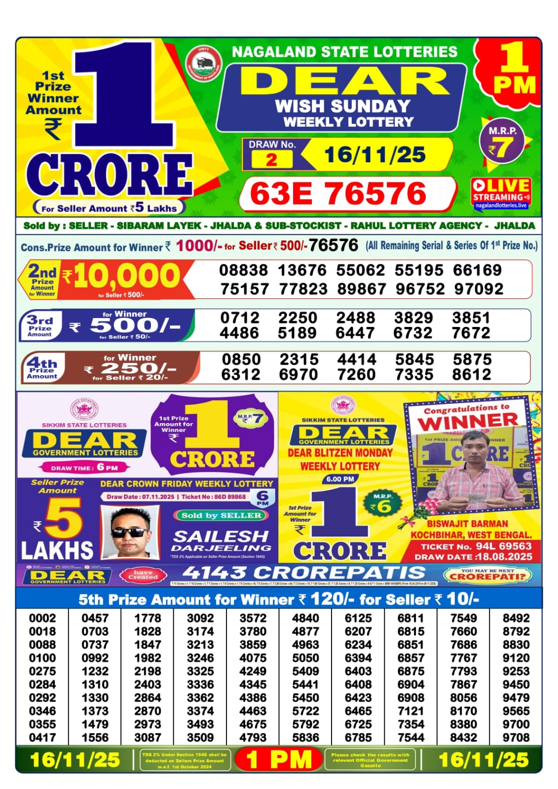 Lottery Sambad 1 PM Result Today 16.11.2025: Check Dear Morning Live Winner List PDF