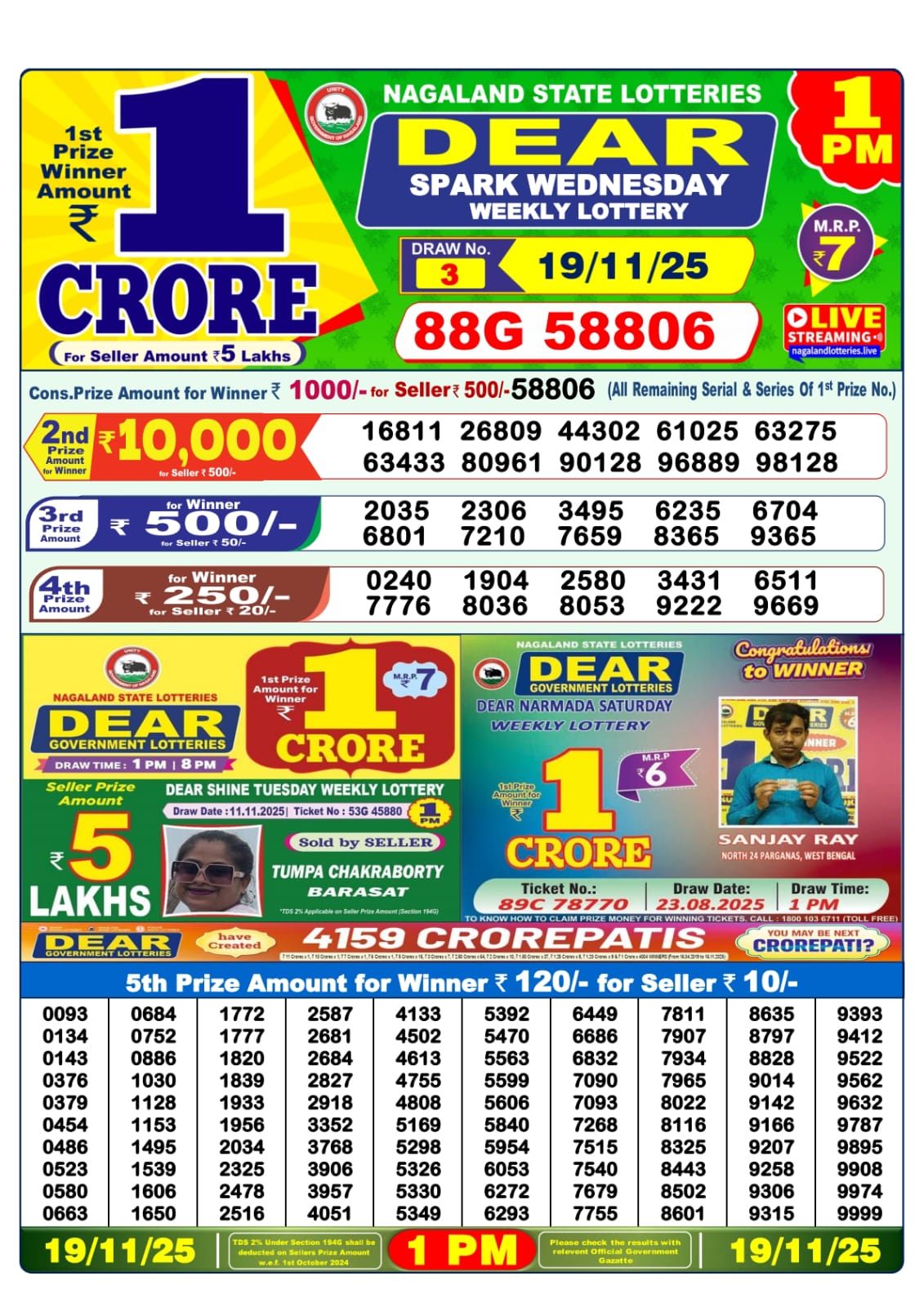 Lottery Sambad 1 PM Result Today 19.11.2025: Check Dear Morning Live Winner List PDF