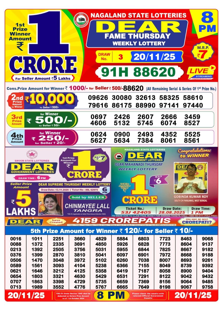 8 PM Lottery Sambad Result Today Live 20.11.25: Check Winning Numbers