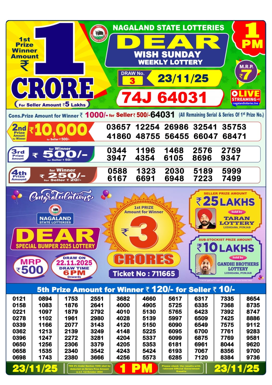 Lottery Sambad 1 PM Result Today 23.11.2025: Check Dear Morning Live Winner List PDF