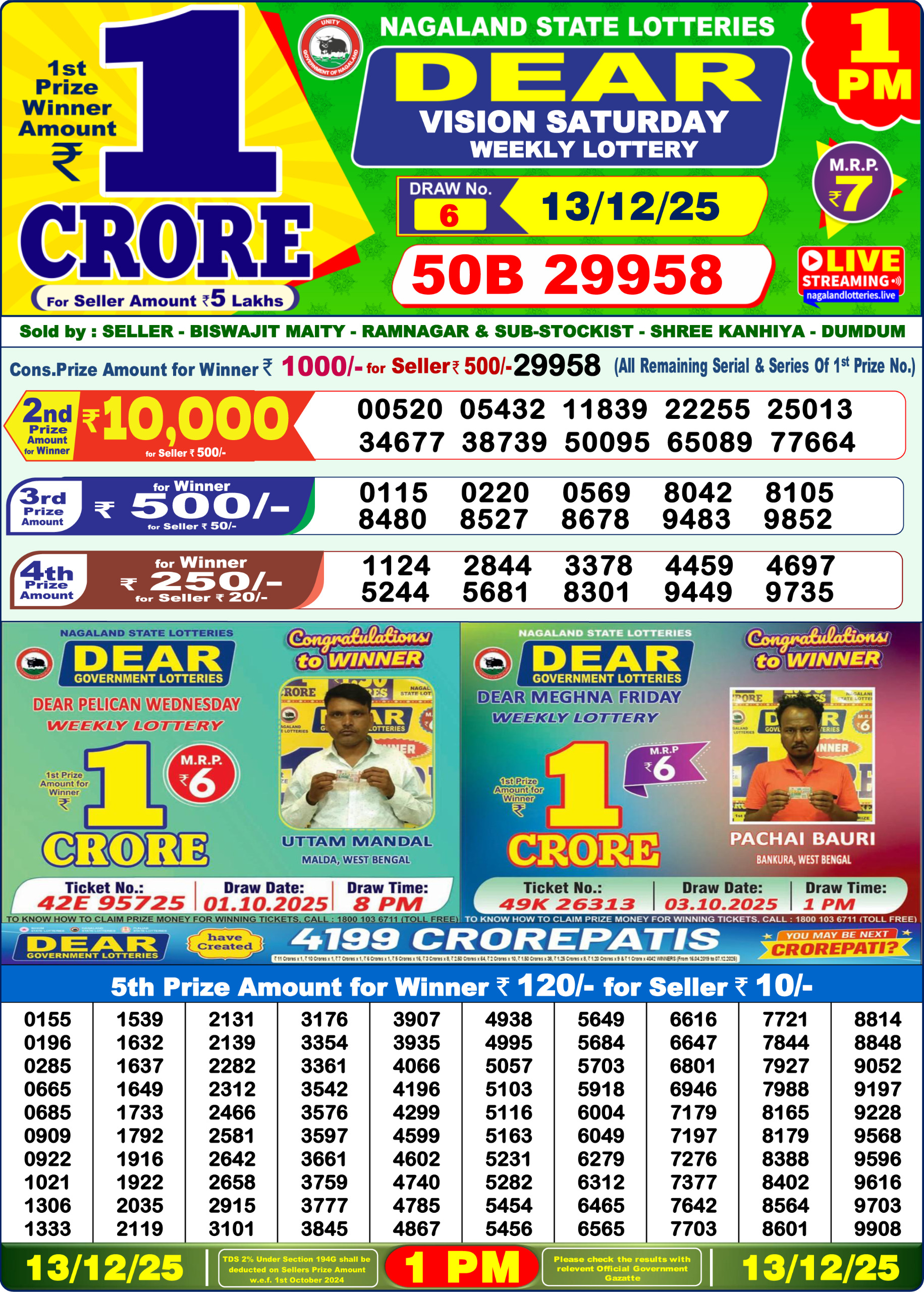 Lottery Sambad 1 PM Result Today 13.12.2025: Check Dear Morning Live Winner List PDF